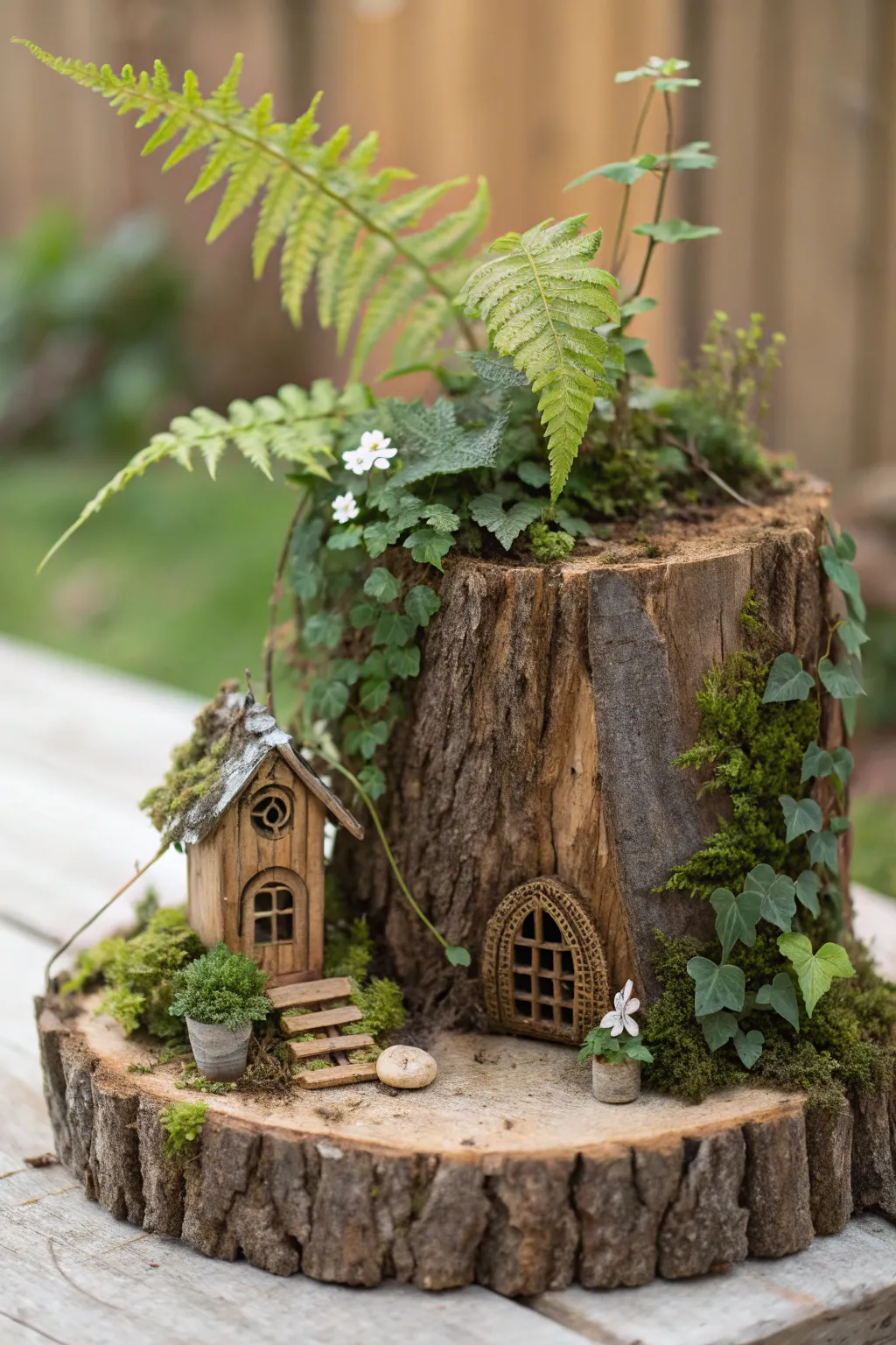 Step into enchantment with this whimsical fairy garden nestled on a rustic tree stump.