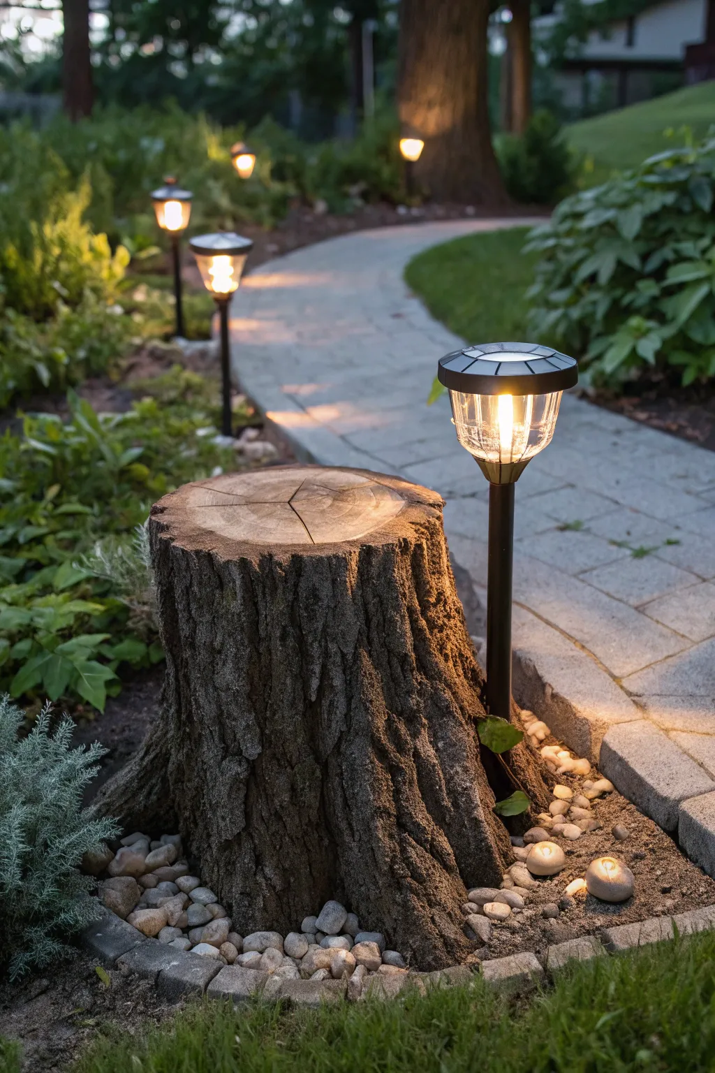 Transform your garden with this enchanting tree stump lighting stand.