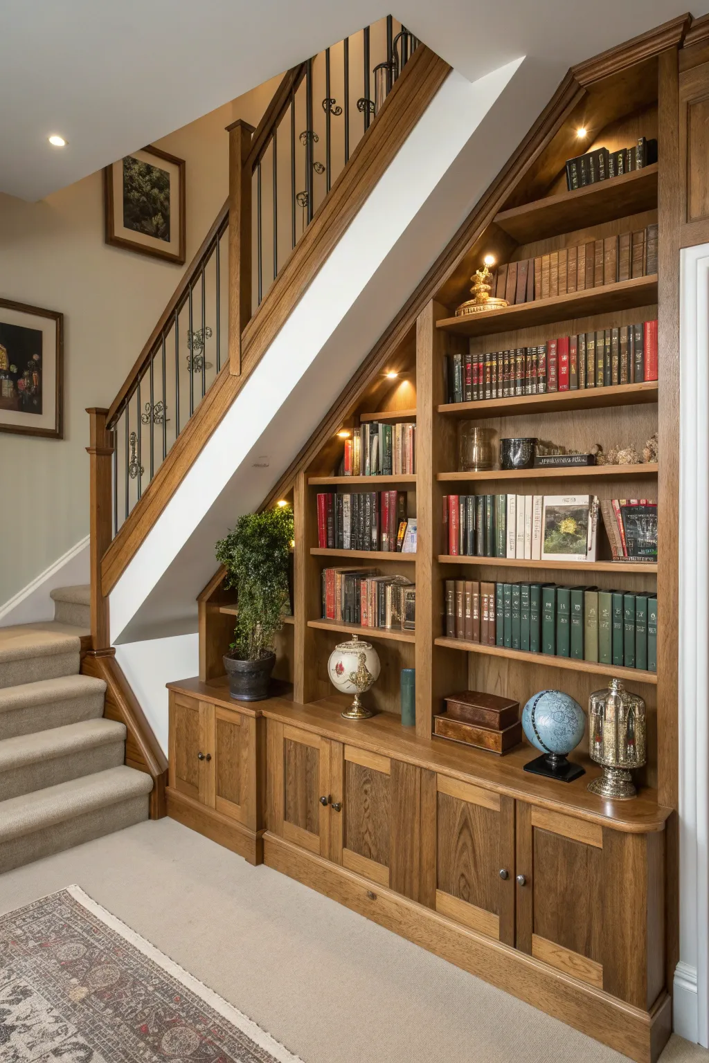 Transform under-stairs space into a stunning DIY library and elevate your home's charm.