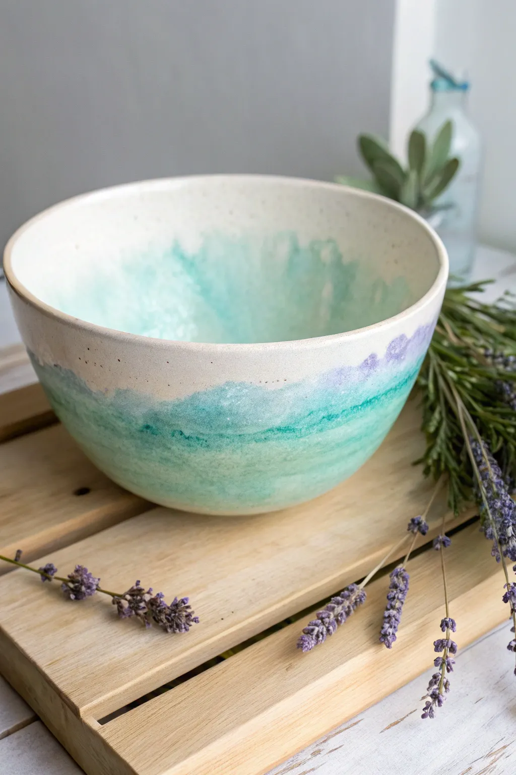 Embrace the art of watercolor with underglaze for a touch of serene beauty in your ceramics.