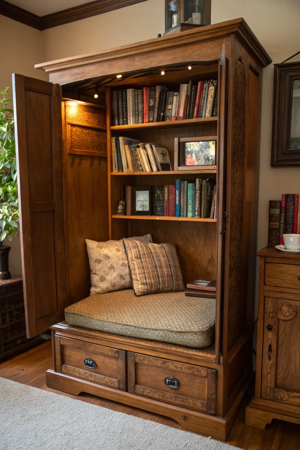 Transform your old TV cabinet into a stylish reading nook – the perfect escape after a long day. 📚☕️