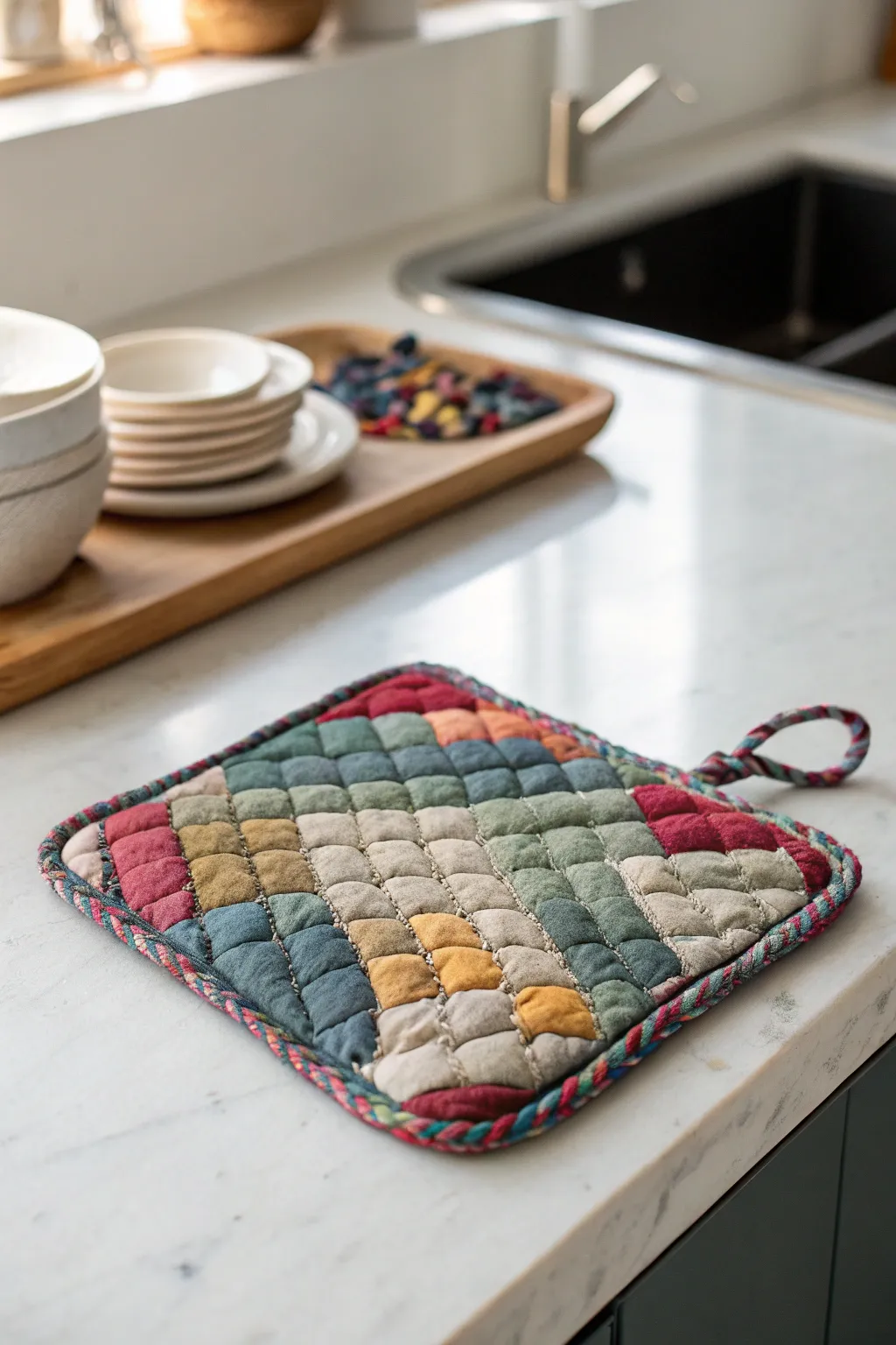 Bring a pop of color and sustainability to your kitchen with these stylish upcycled pot holders.