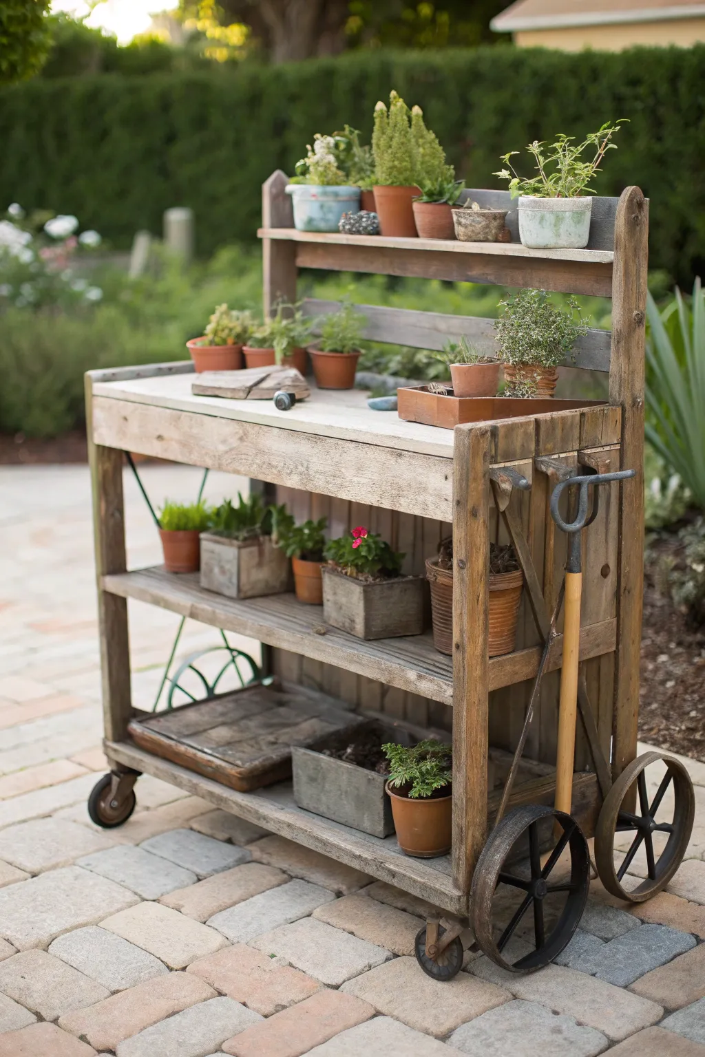 Transform your garden space with a vintage rolling cart turned mobile potting bench—practicality meets style!