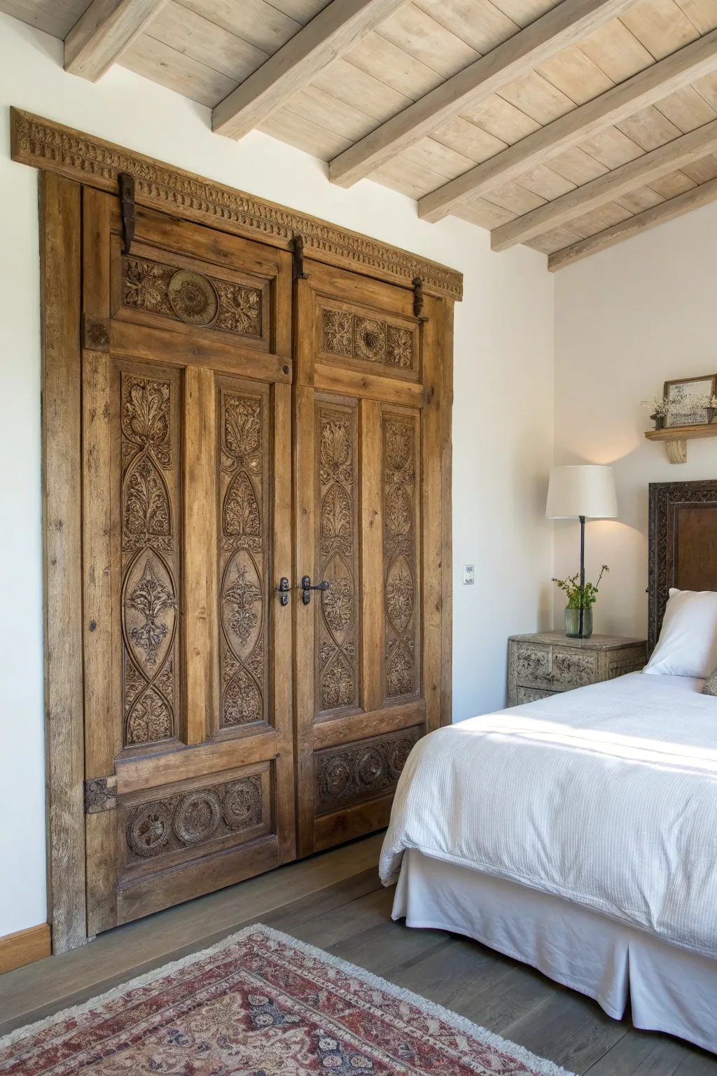 Transform your bedroom with a rustic touch: an upcycled door as a stunning headboard.