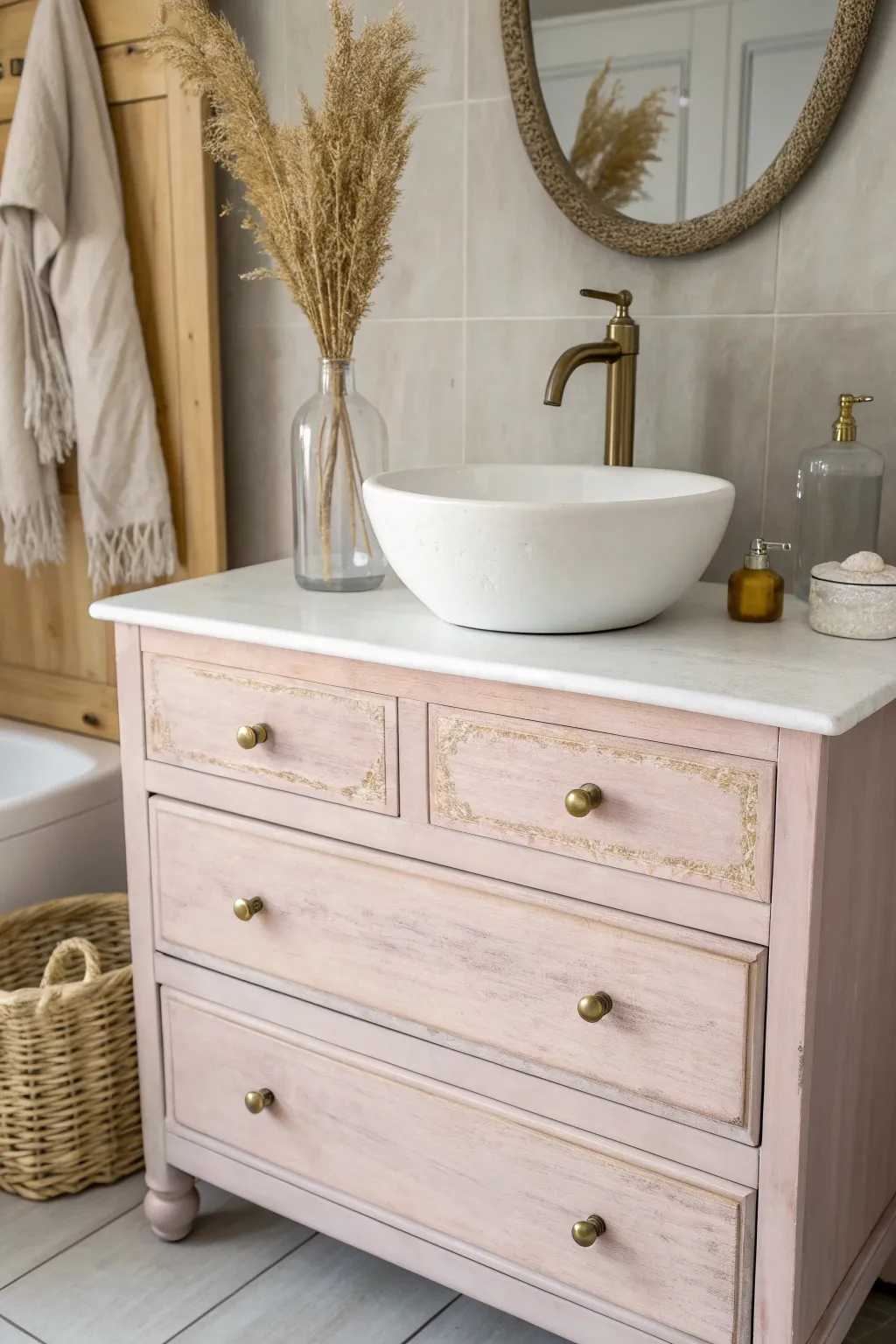 Transform elegance with a touch of creativity: Upcycled dresser turned bathroom vanity.