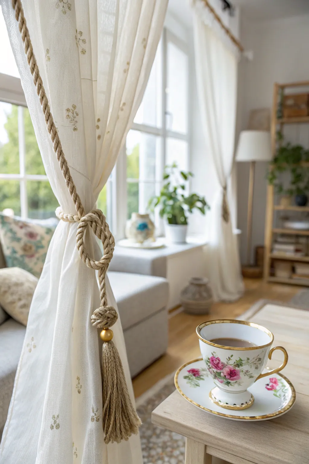 Add a whimsical touch to your decor with vintage teacup curtain tiebacks, blending charm and simplicity effortlessly.