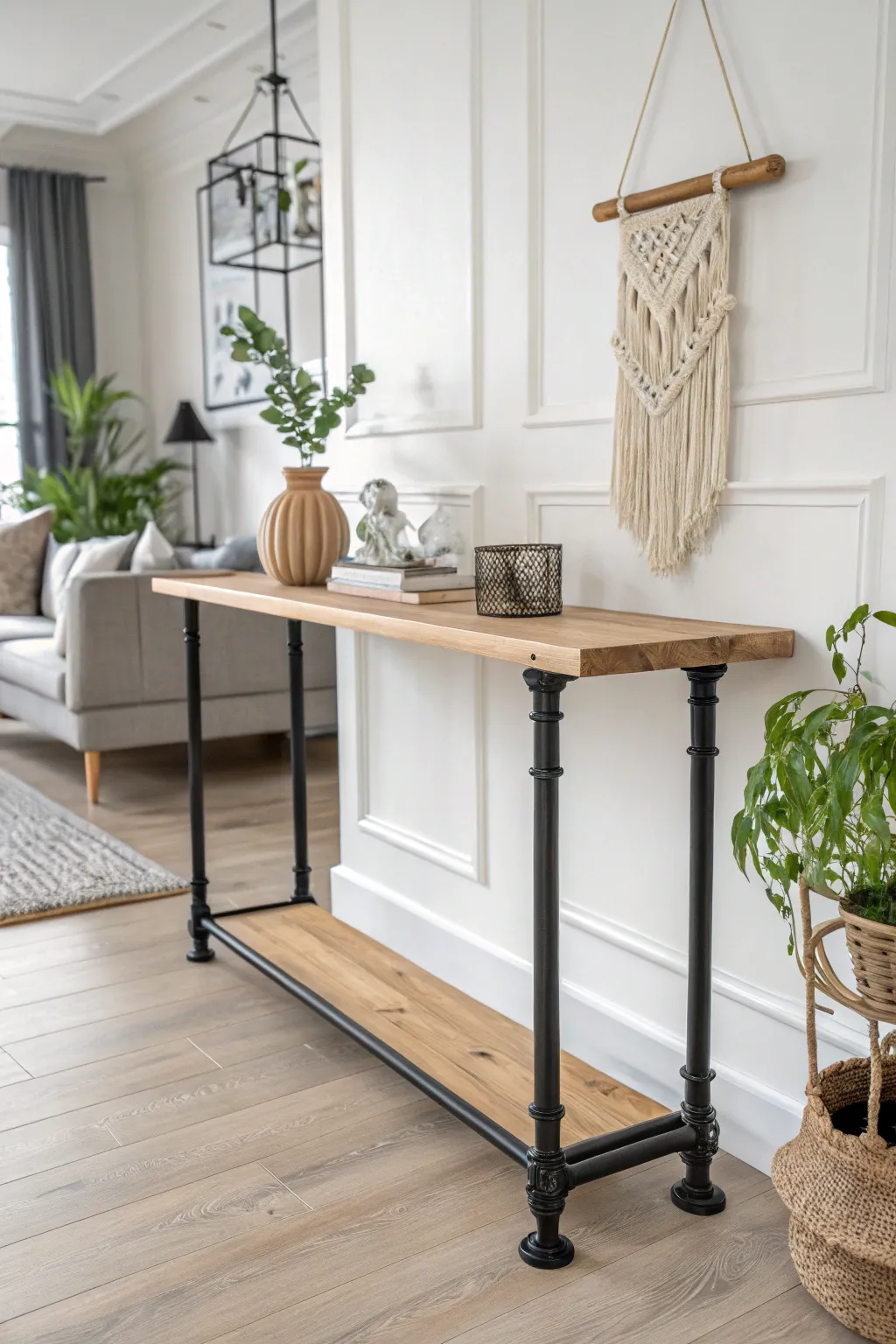 Upcycle with style: Transform industrial pipes and wood into a stunning console table that marries rustic charm with modern minimalism.