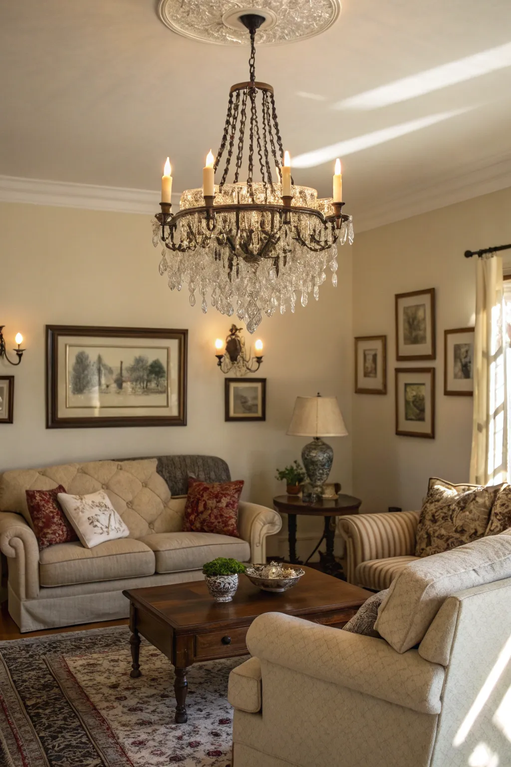 A vintage chandelier adds unique flair and character to the space.