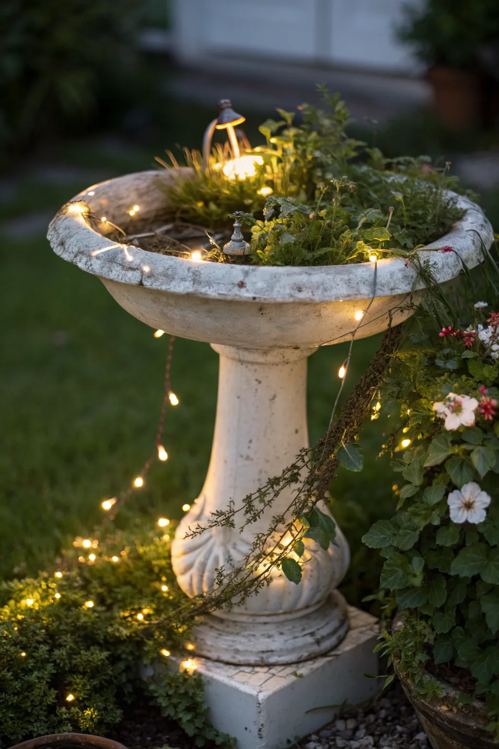 Transform your garden into a magical retreat with a repurposed sink radiating soft, enchanting light.