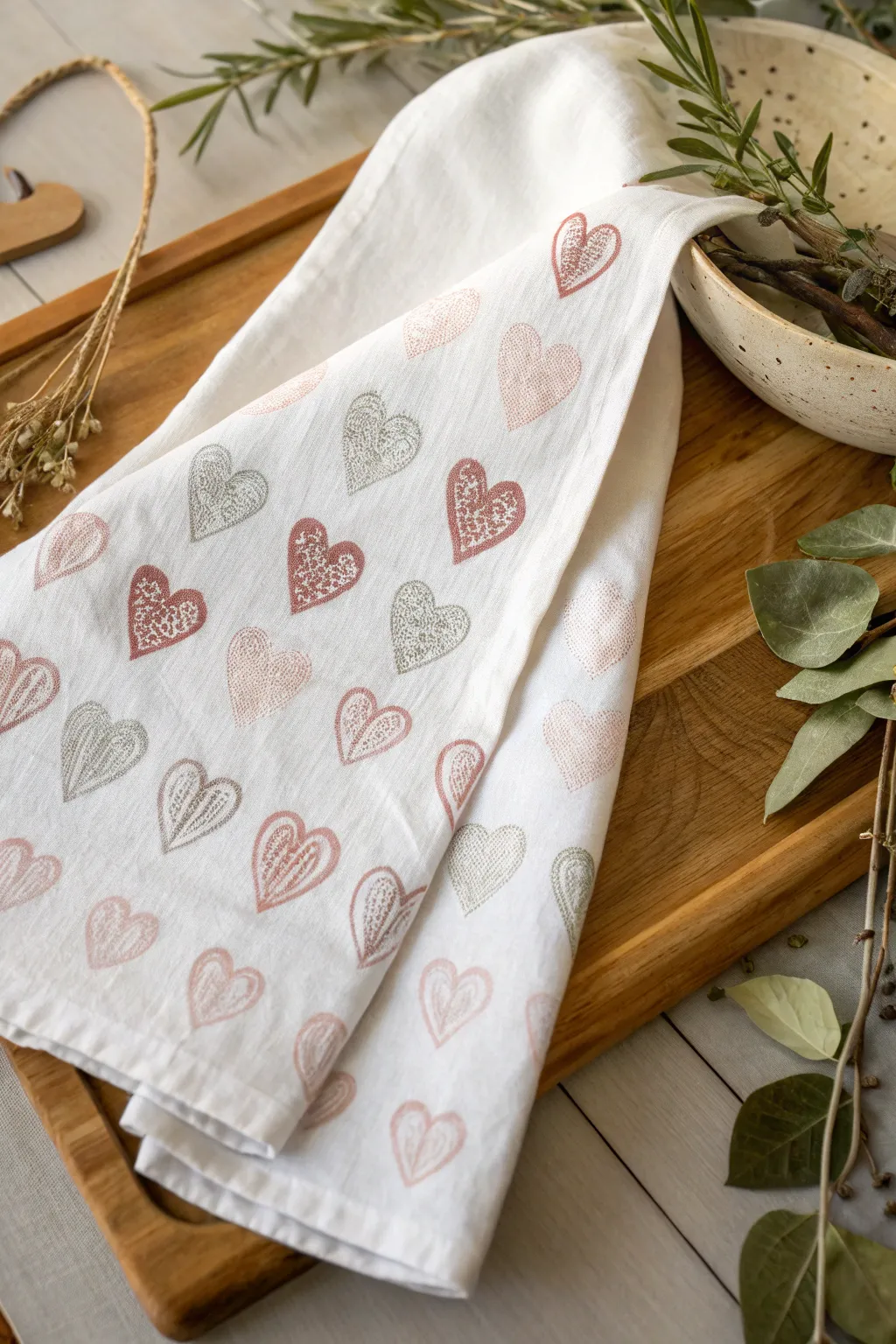 Add a touch of handmade love to your kitchen with these charming heart-stamped tea towels. Perfect for a cozy Valentine's gift!