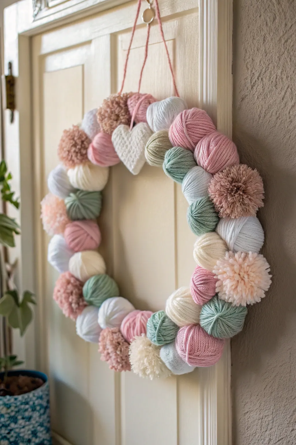 Embrace the charm of DIY with this Rustic Yarn and Pom Pom Wreath, perfect for adding a touch of playful elegance to your space.