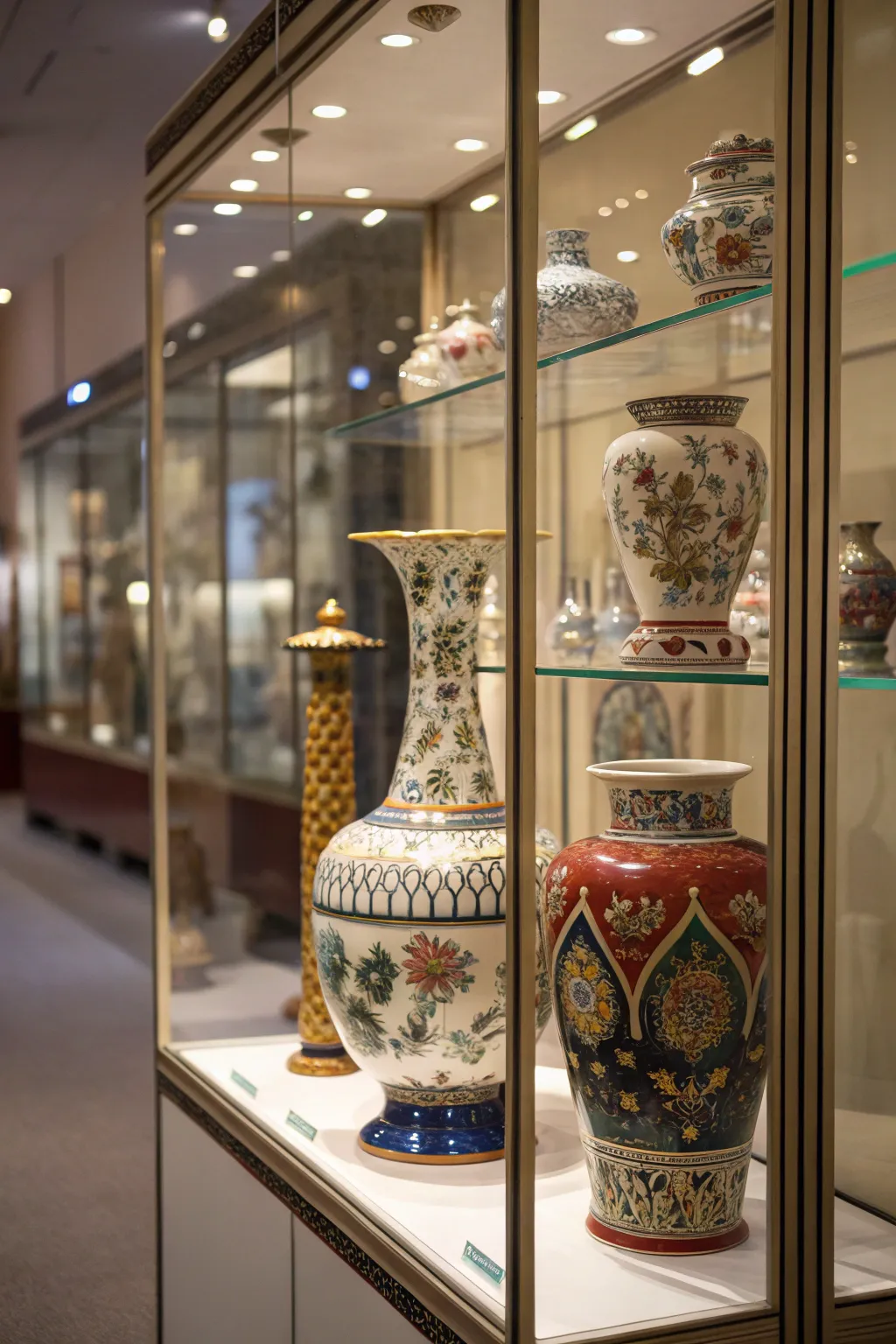 A glass cabinet turns vases into a dust-free showcase.
