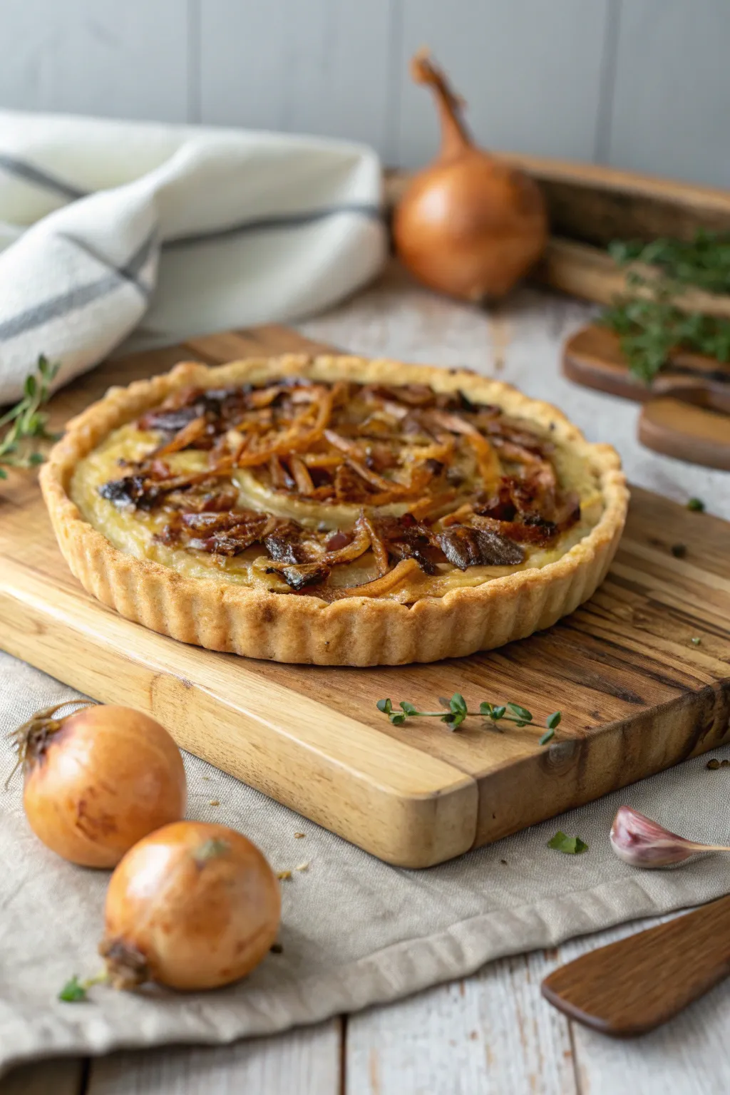 A sophisticated caramelized onion tart, perfect for any dinner party.