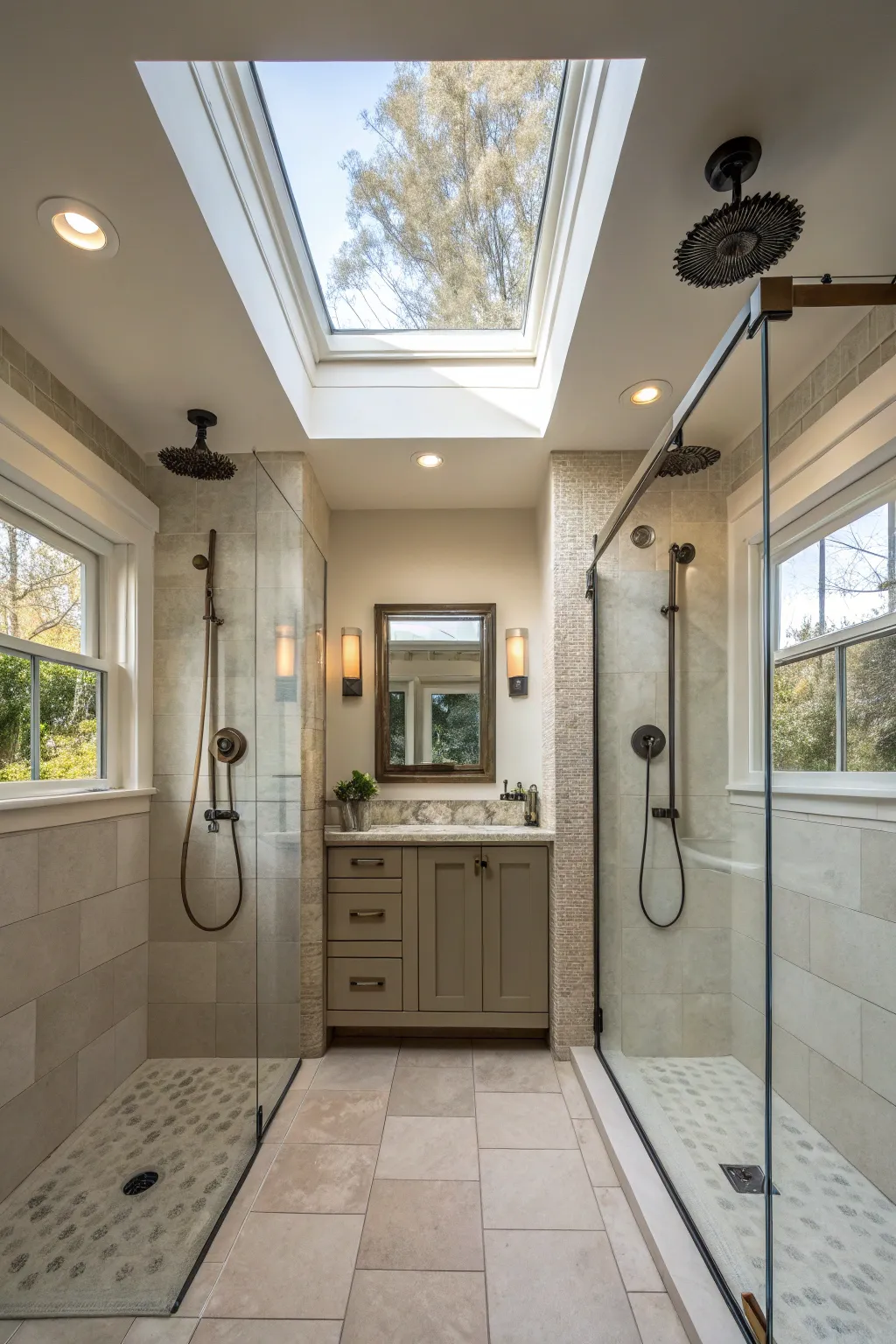 A double shower illuminated by a skylight for an airy and elegant feel.