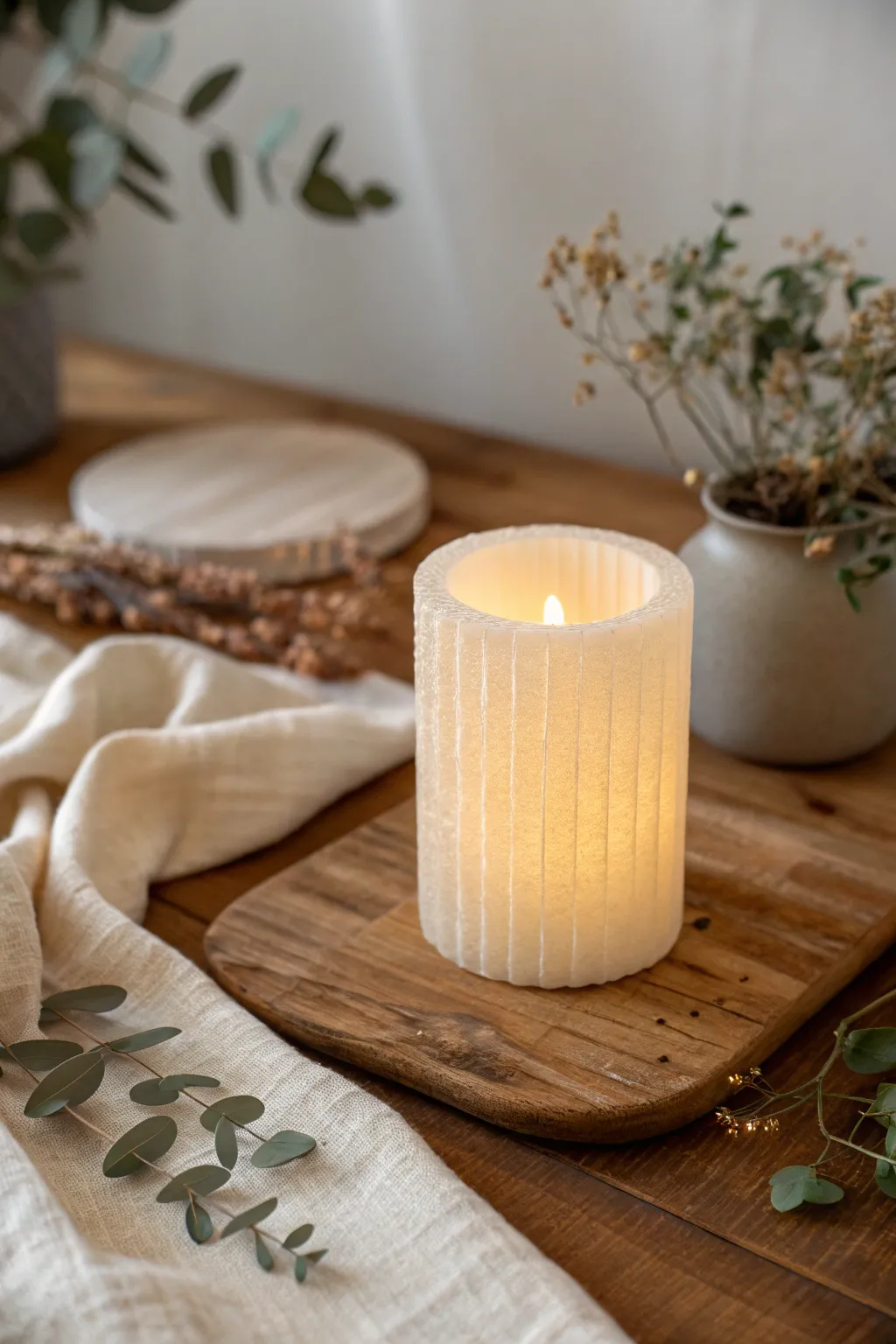 Embrace the cozy elegance of handcrafted wax luminaries for a serene ambiance.