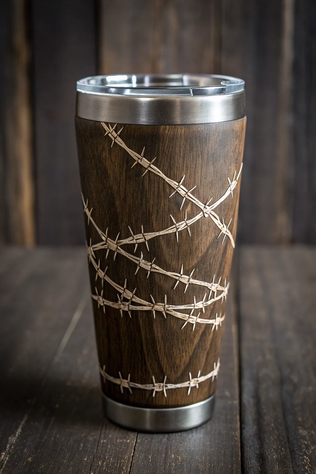 Add a rugged edge to your drinkware with barbed wire details.
