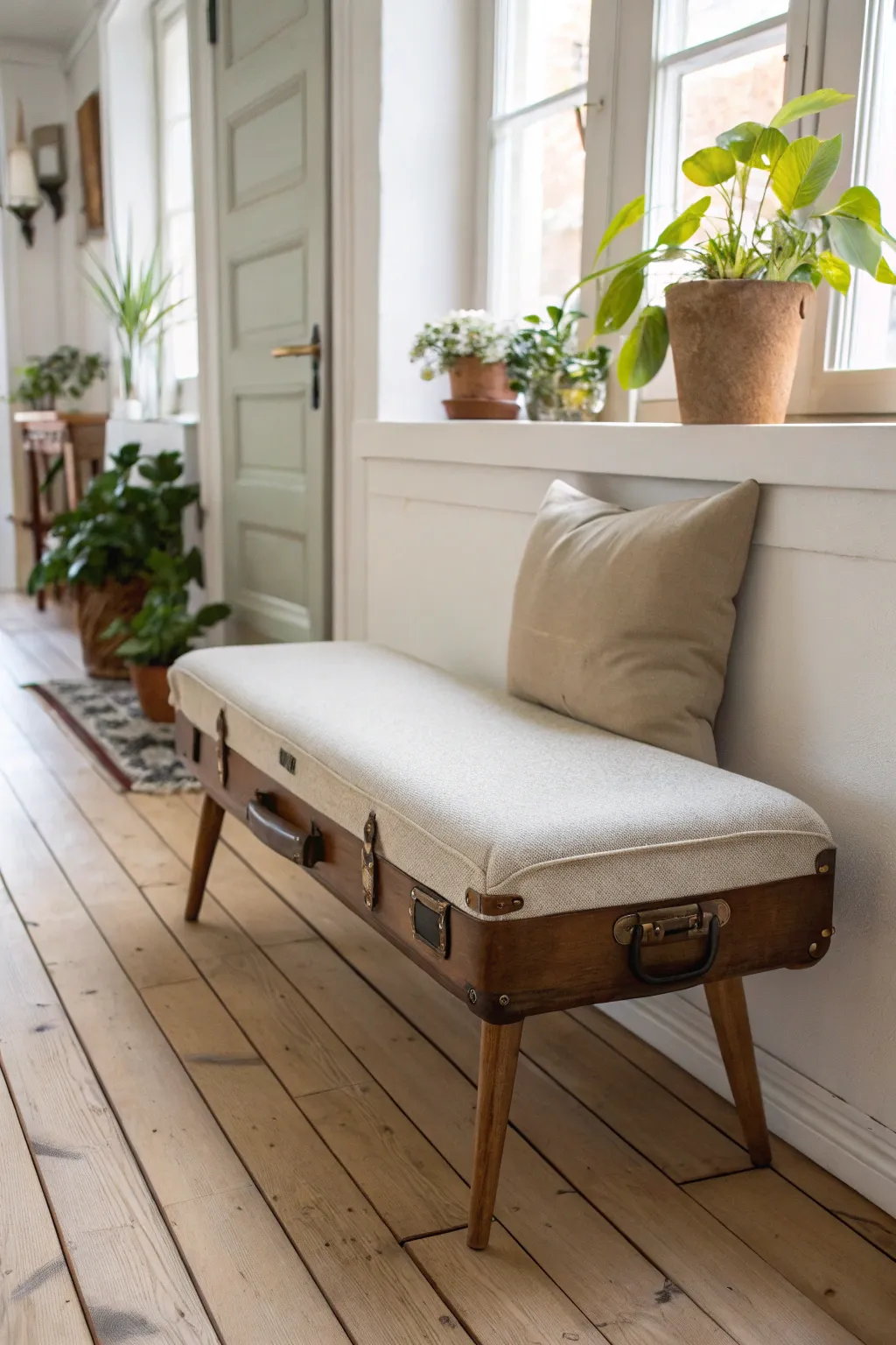 Transform your vintage suitcase into a chic and functional bench with a touch of Nordic charm.