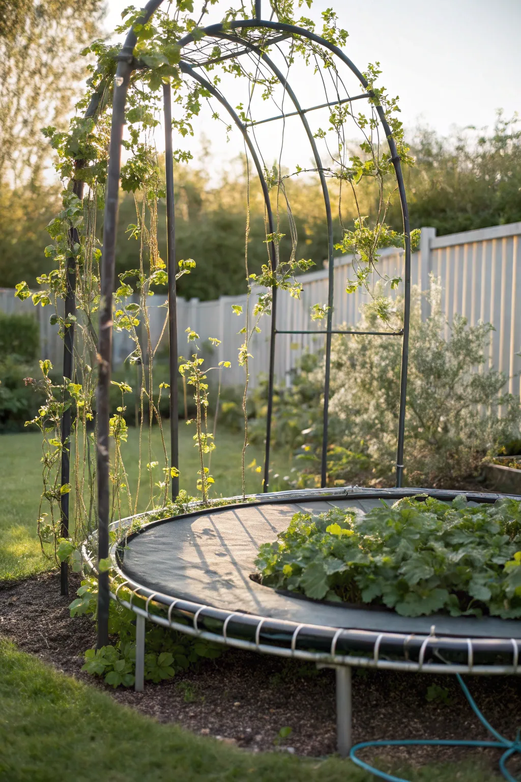 Transform your garden with a touch of creativity—repurpose an old trampoline frame into a chic garden fence!