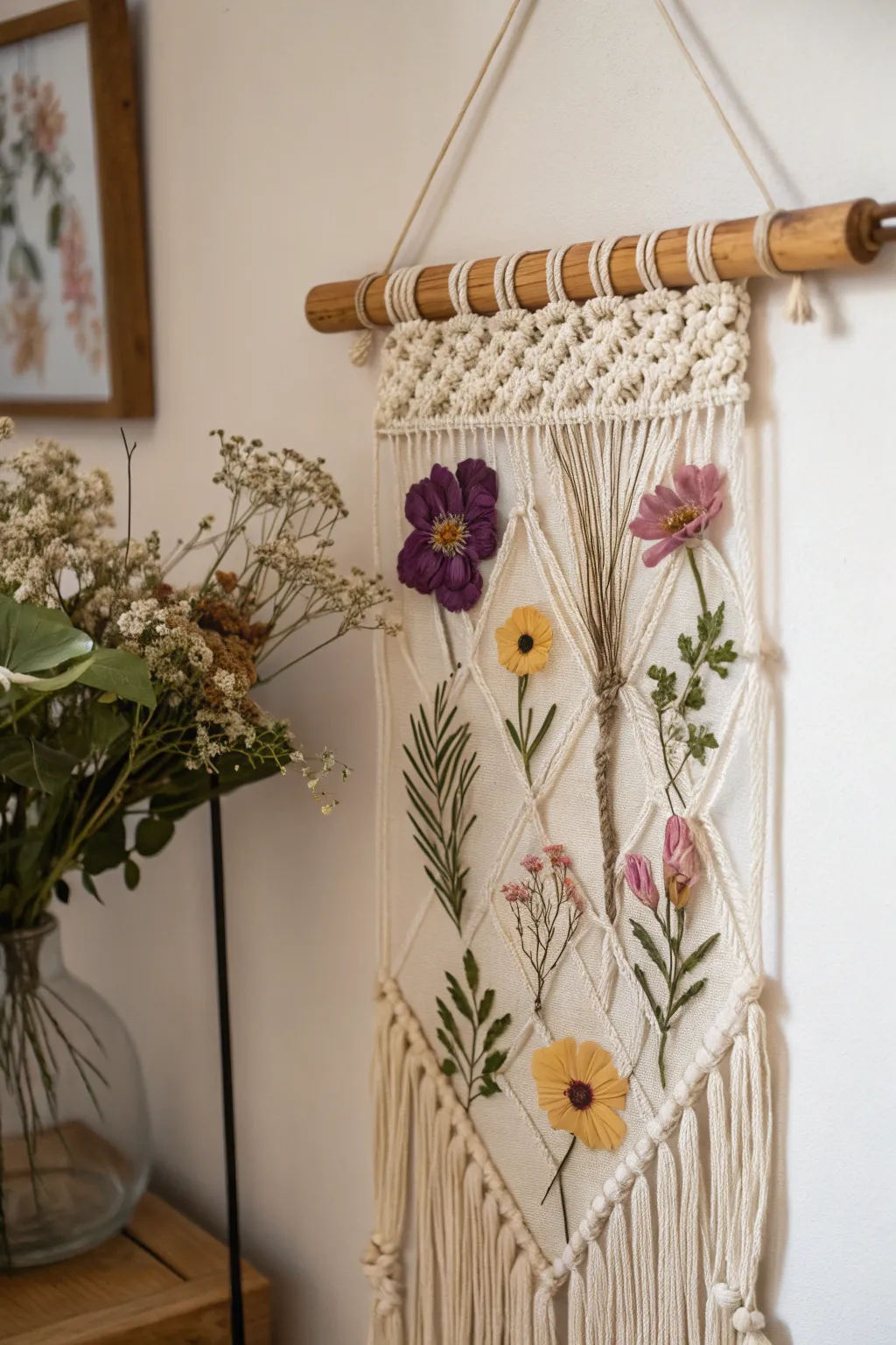 Bring a touch of nature and elegance to your home with this stunning pressed flower and macramé wall hanging.