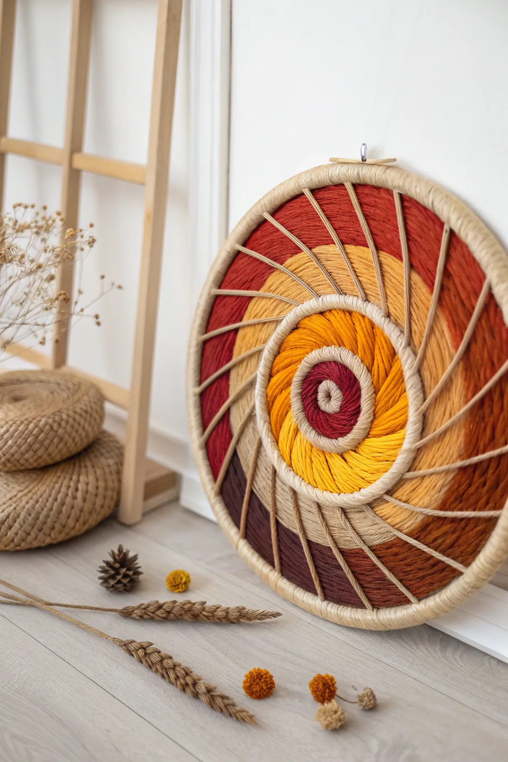Embrace the warmth of autumn with a handcrafted Wheel of Theodorus spiral, a perfect blend of minimalist and boho charm for your seasonal decor.