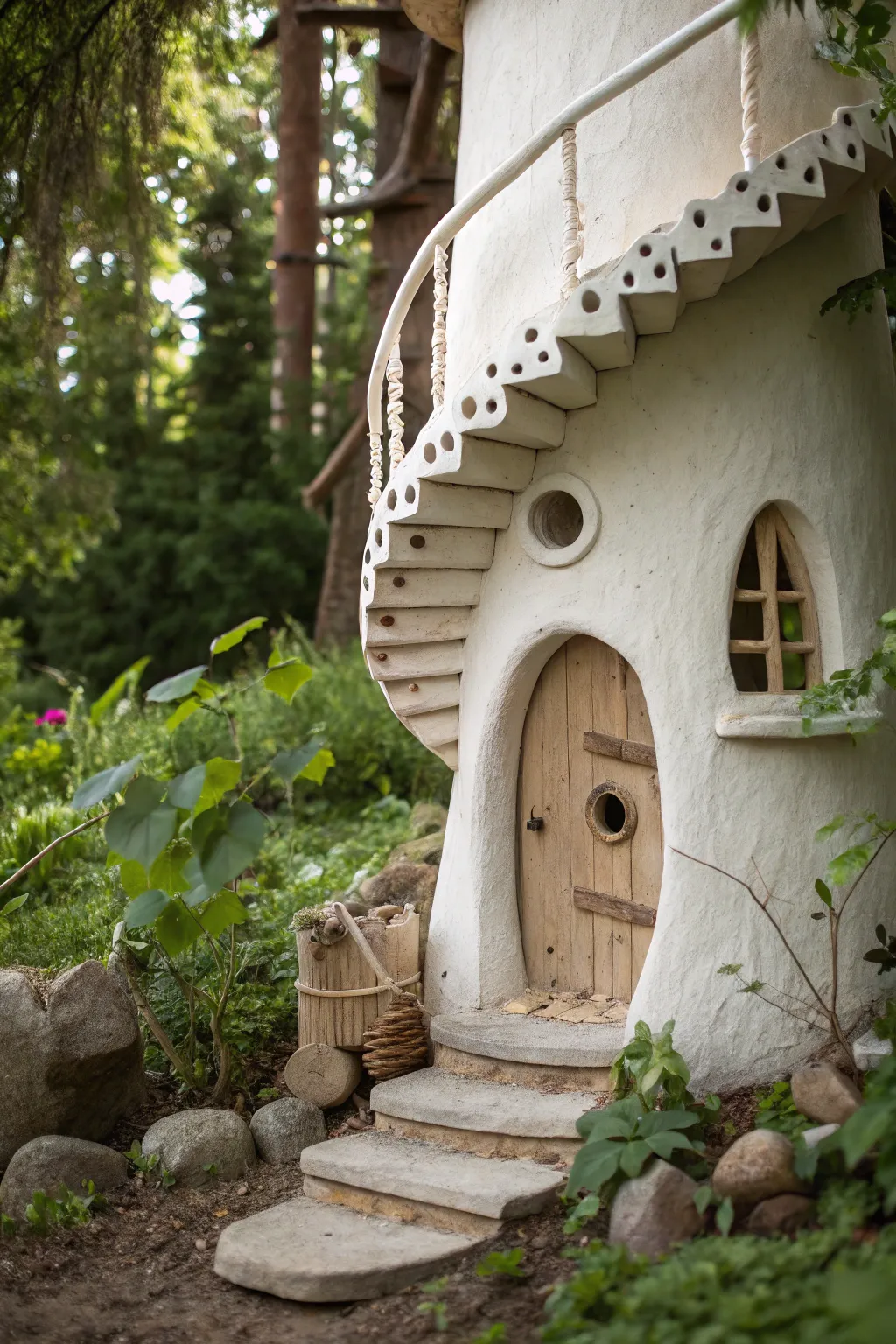 Discover the charm of whimsical design with this enchanting clay fairy house, highlighted by its sophisticated spiral staircase.