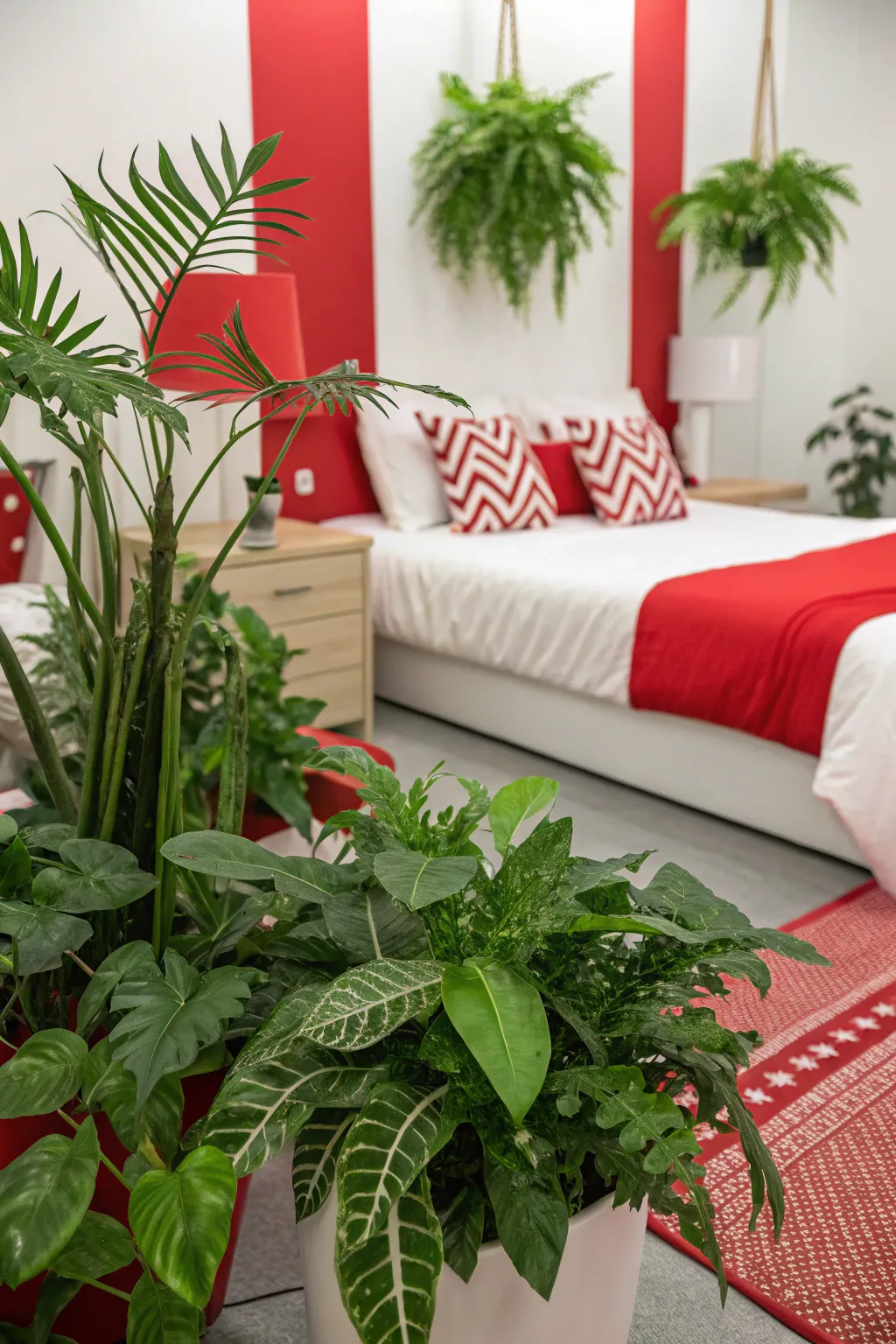 Lush greenery contrasts beautifully with the red and white decor, adding freshness.