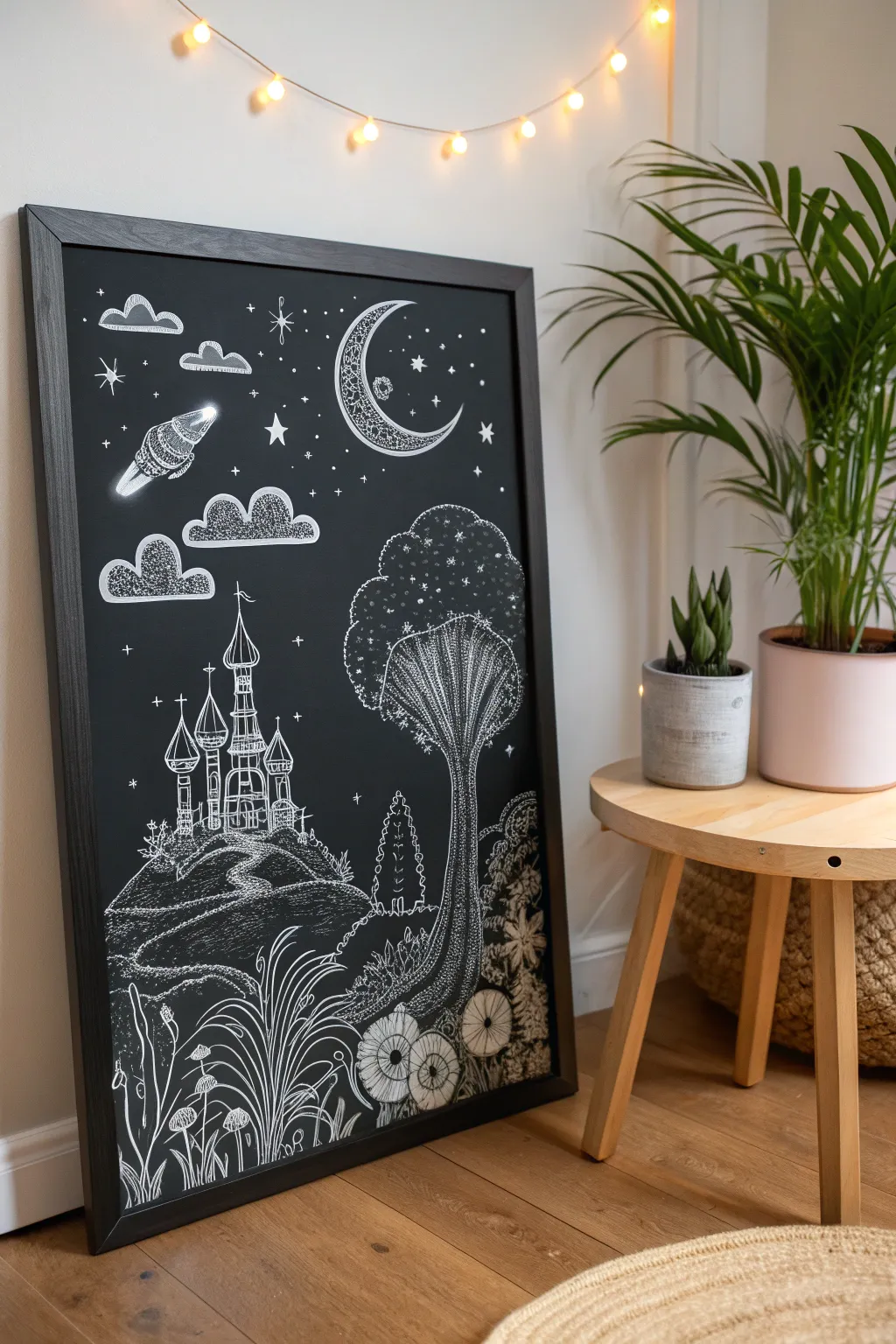 Dive into the surreal with intricate white ink dreamscapes on black canvas, where imagination knows no bounds.