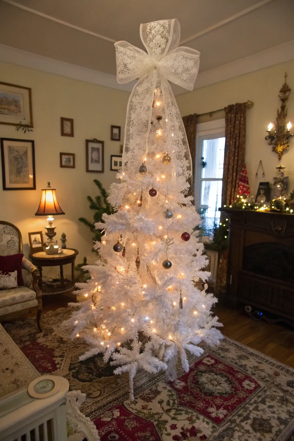 A white lace bow adds vintage charm to this holiday tree.