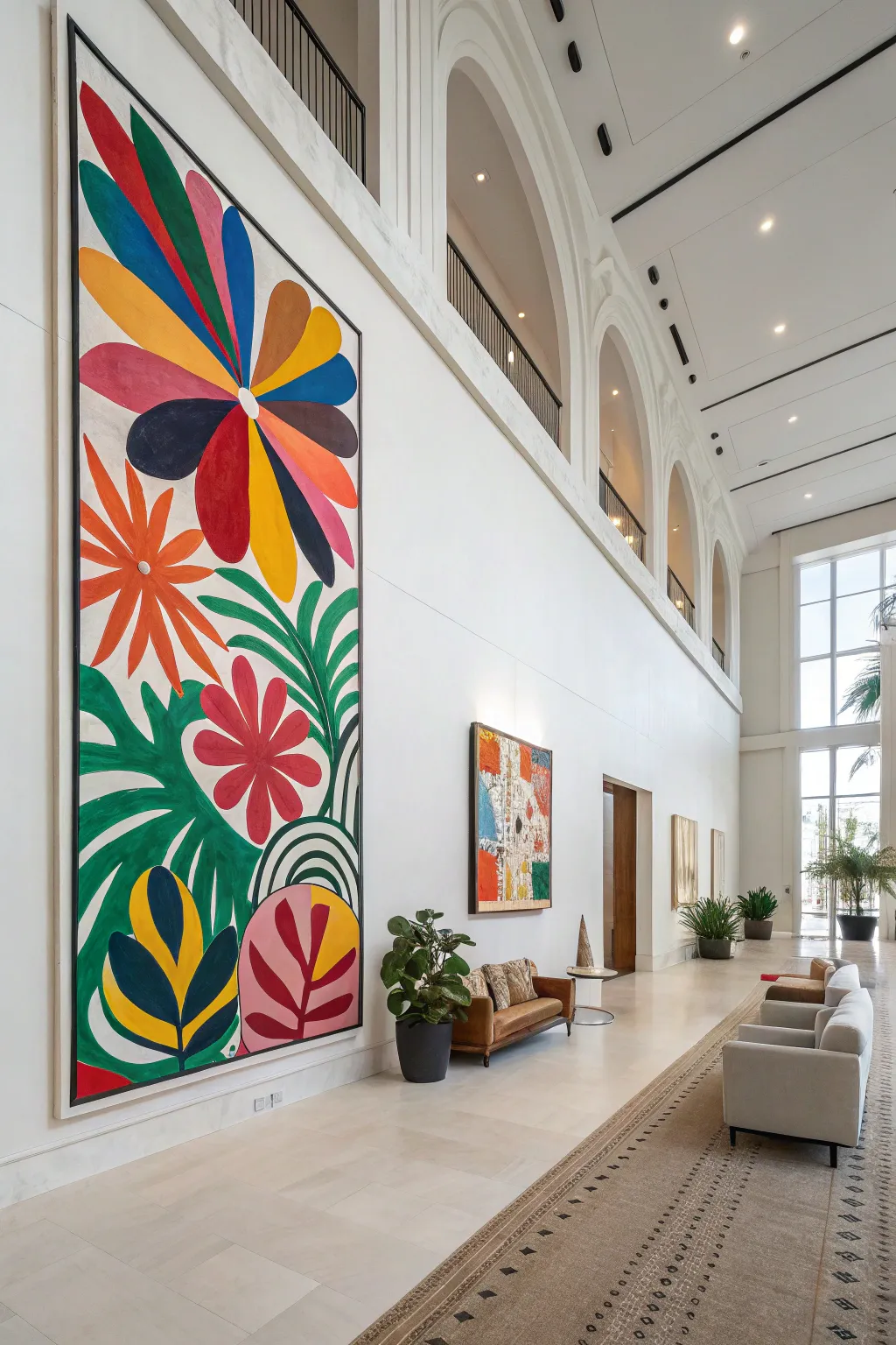 Statement art pieces make a bold impact on white walls.