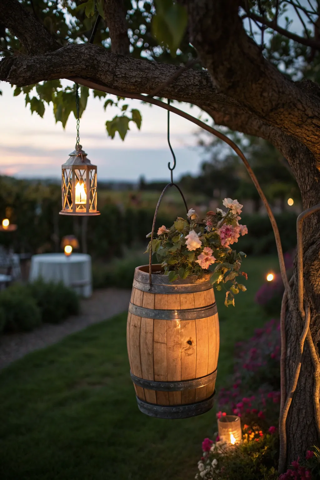Transform your garden into a magical retreat with wine barrel ring lantern holders.