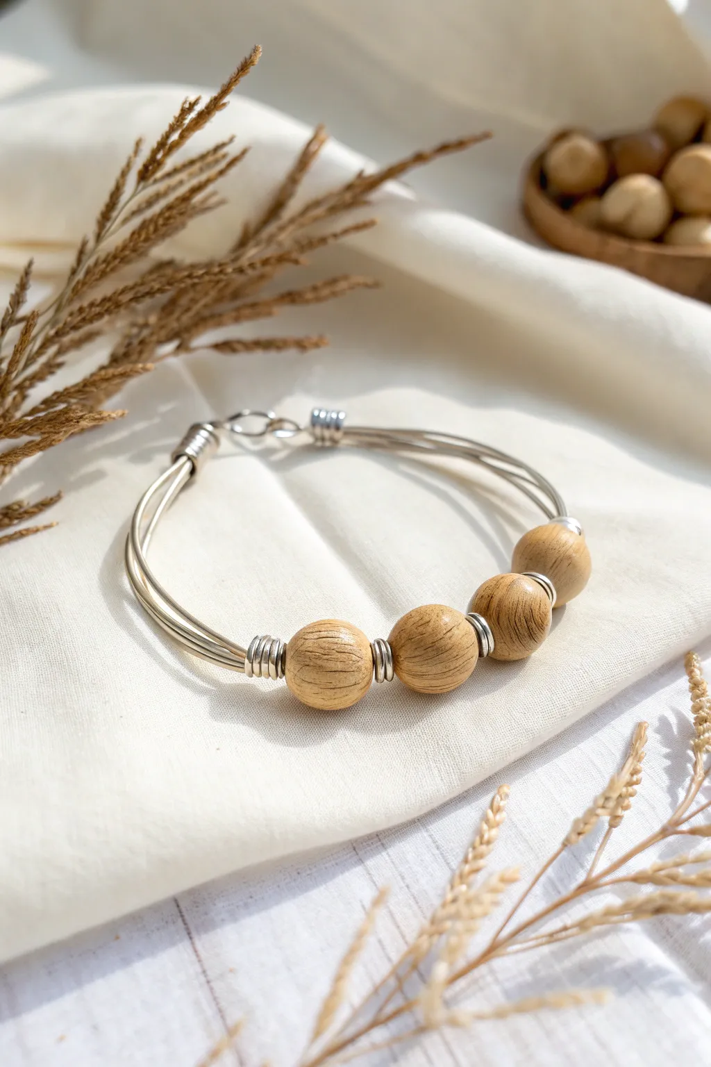 Embrace the beauty of nature with this elegant wire and wood bracelet, perfect for a laid-back, bohemian style.