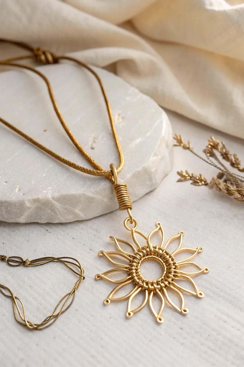 Embrace the warmth of handcrafted elegance with this radiant wire sunburst pendant.