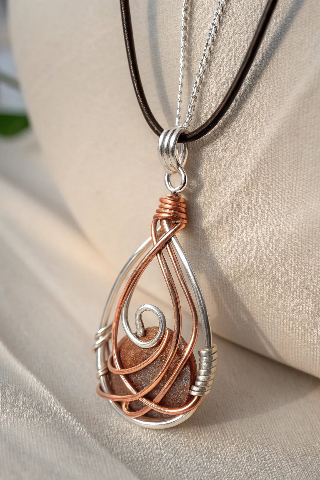 Discover the allure of mixed metals with this chic wire-wrapped pendant, where copper meets silver in perfect harmony.