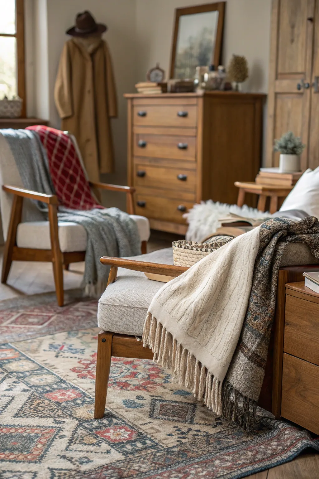 Layering textures creates a cozy and curated bedroom.