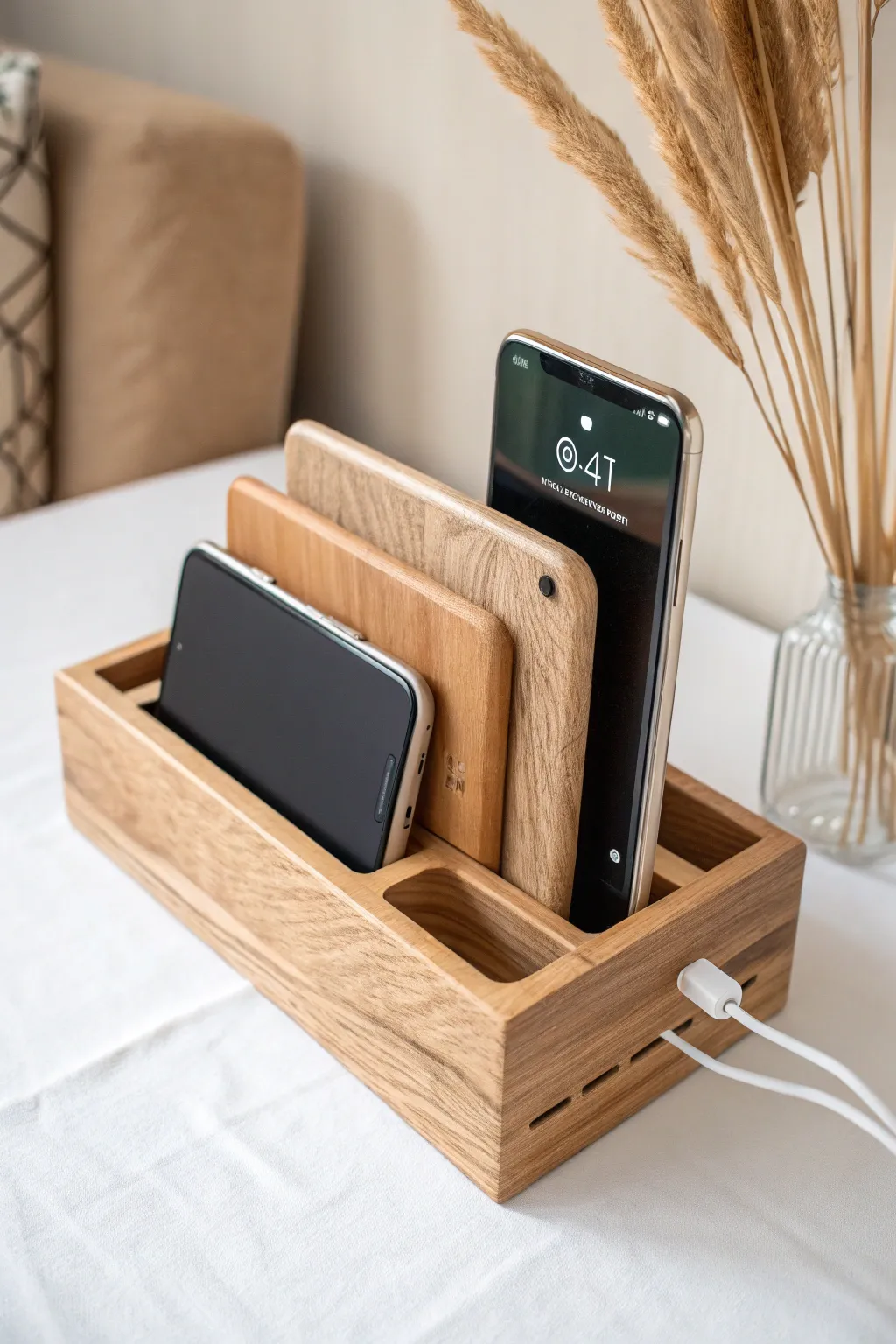 Elevate your tech space with this elegant wooden charging station—where style meets functionality.