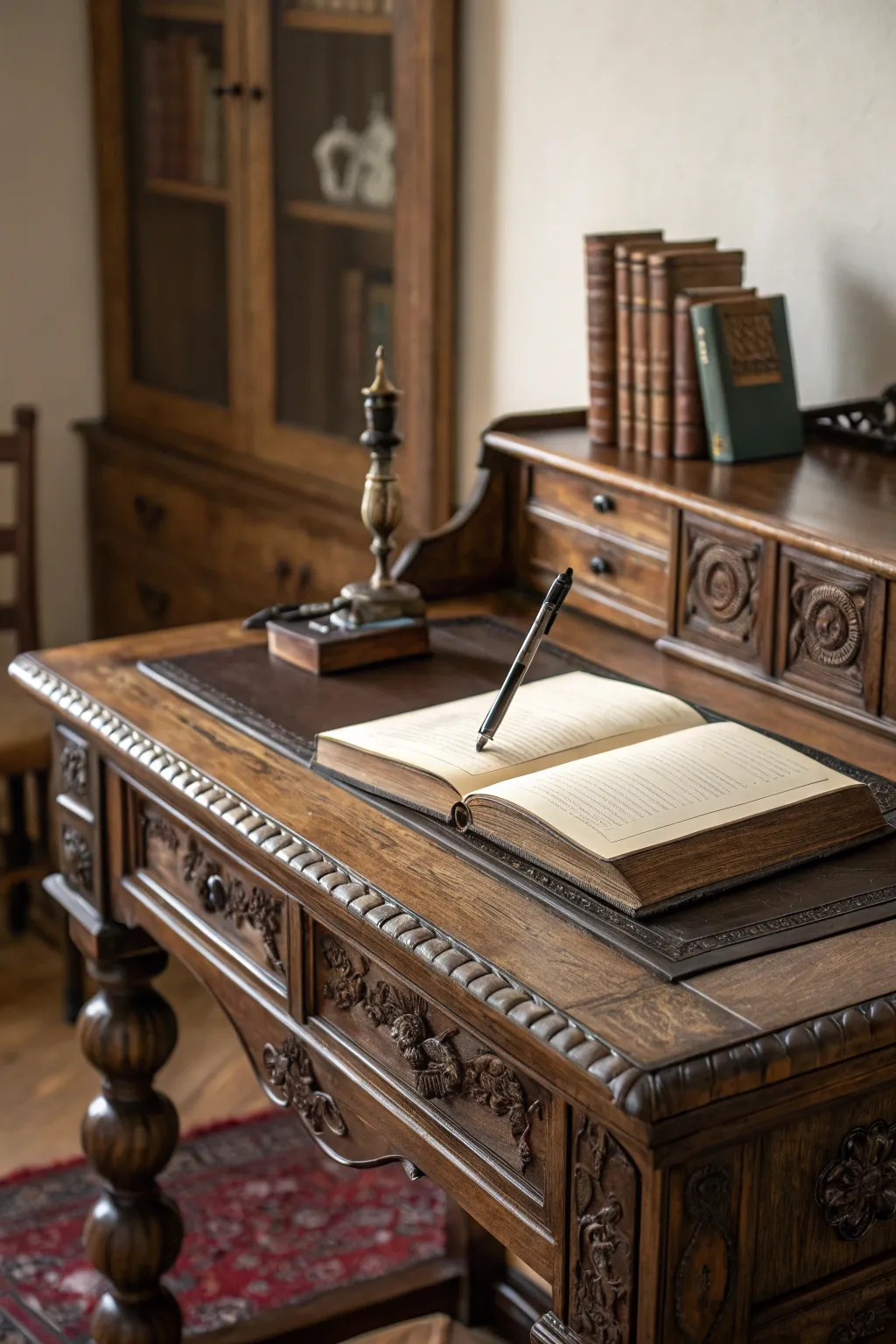 Transform history into artistry with this vintage wood desk centerpiece.