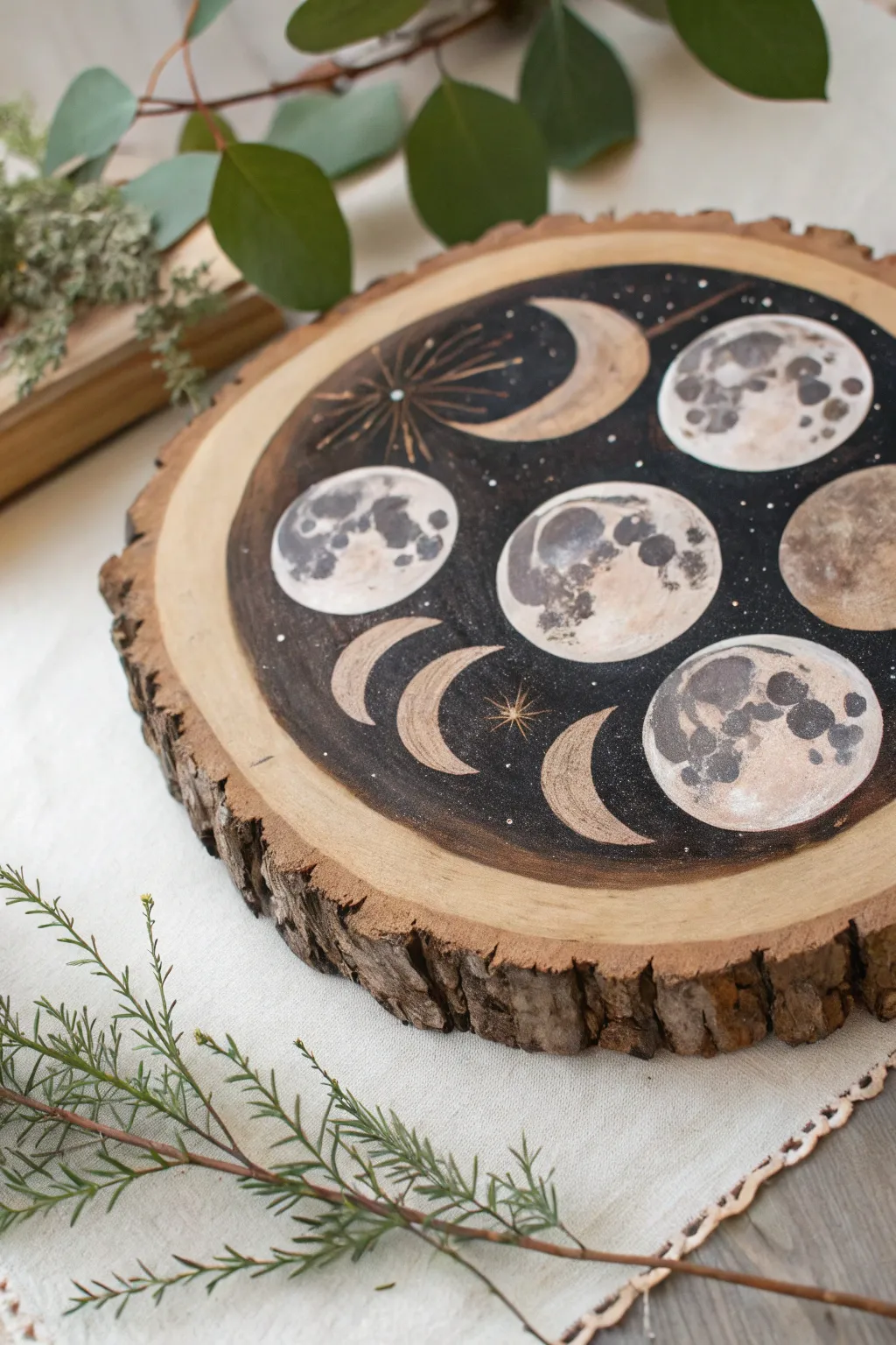 Capture the enchanting beauty of the moon phases with this minimalist wood slice art. 🌙✨ #MoonPhases #ScandinavianDecor