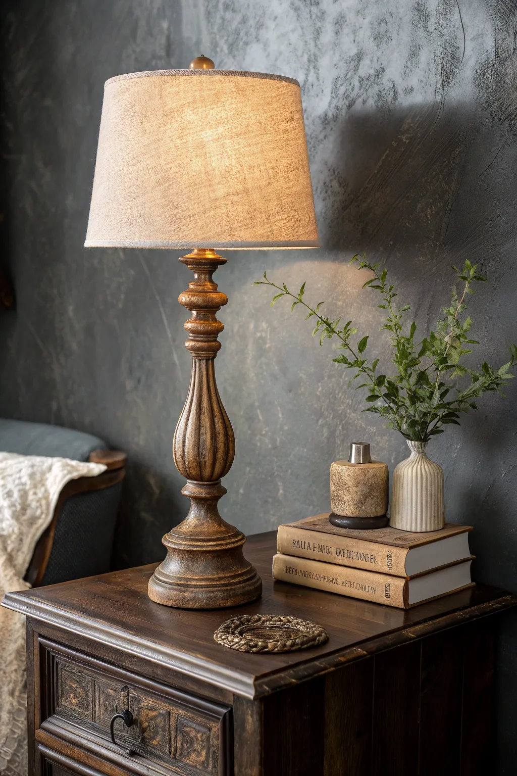 Illuminate your space with rustic charm: a handcrafted spindle lamp that offers warmth and elegance.