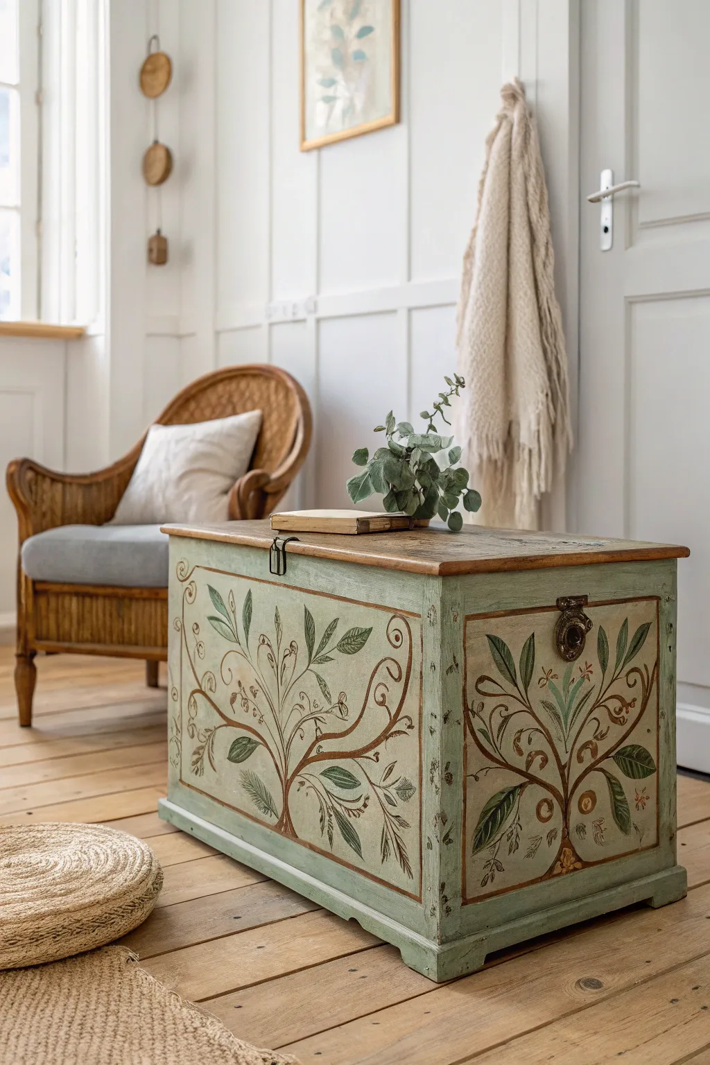 Embrace the beauty of nature with this exquisitely painted wooden chest, perfect for a serene, minimalist space.