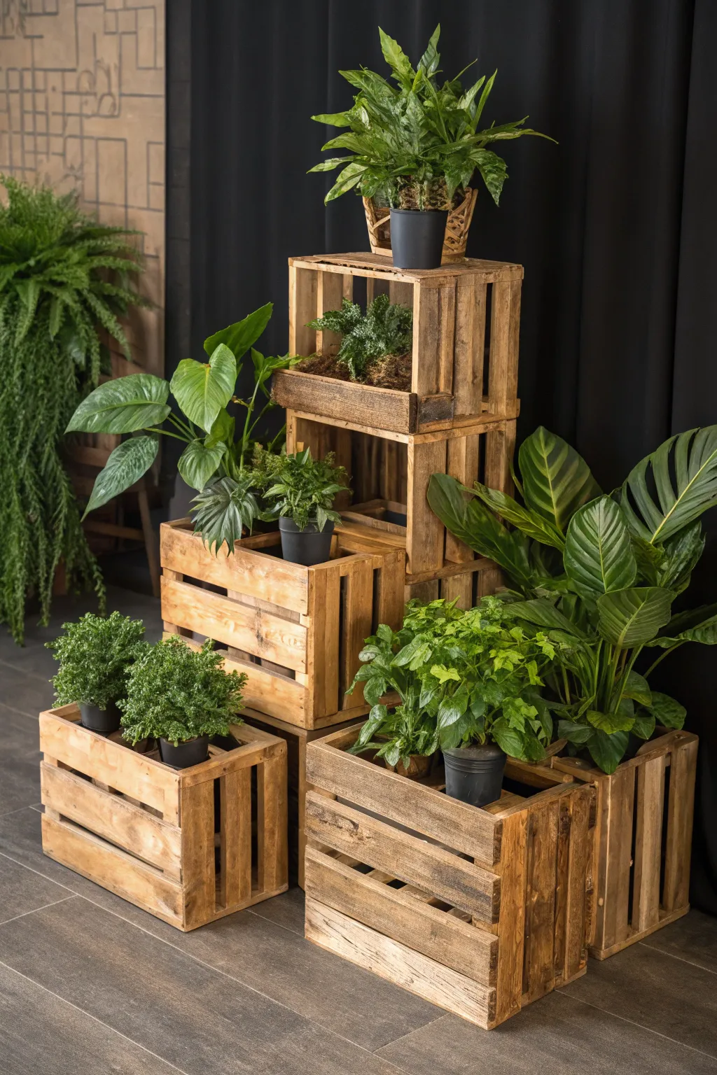 Elevate your greenery game with a rustic wooden crate plant stand.