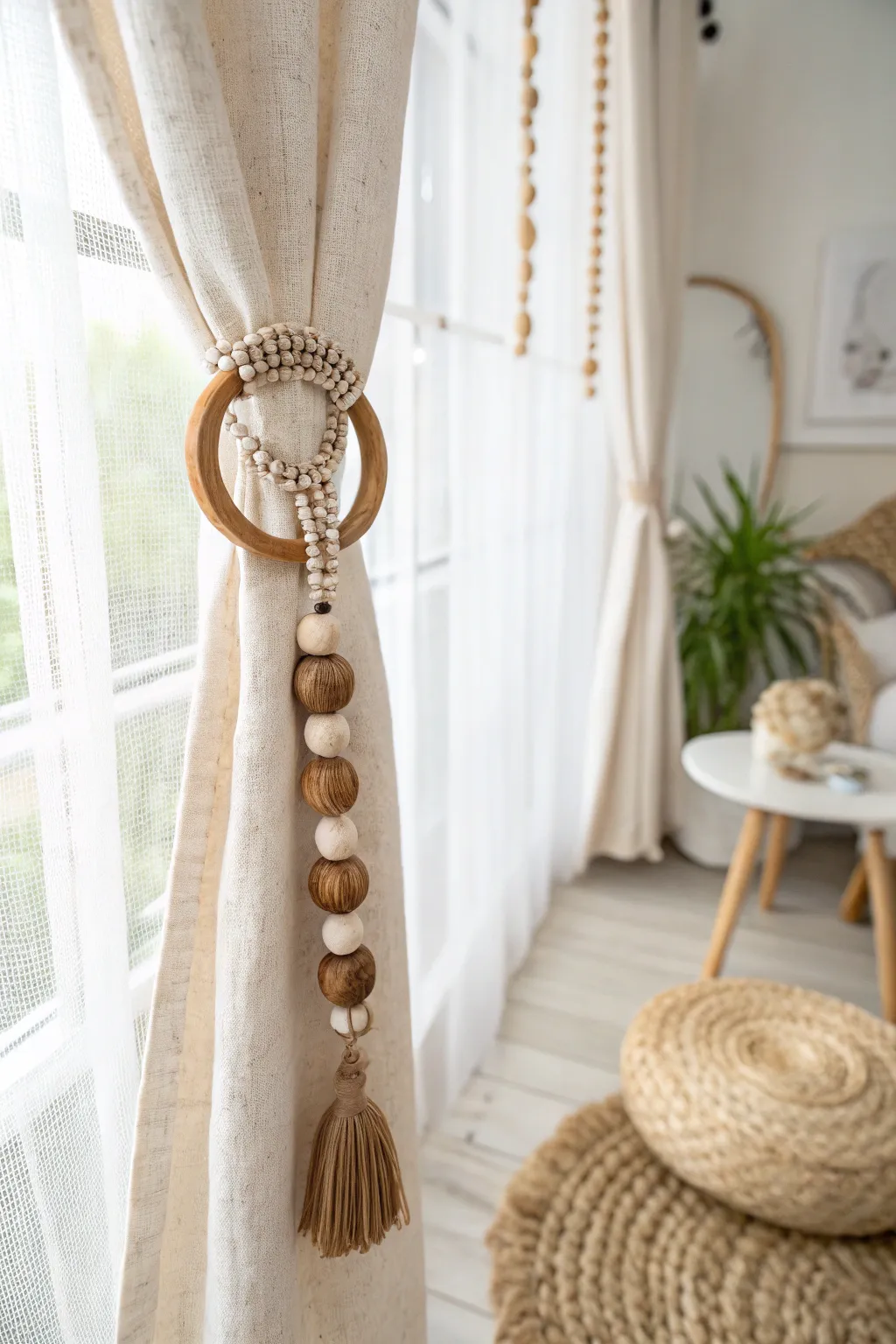 Elevate your window treatments with handcrafted elegance: Wooden curtain ring tie-backs for a touch of natural beauty.