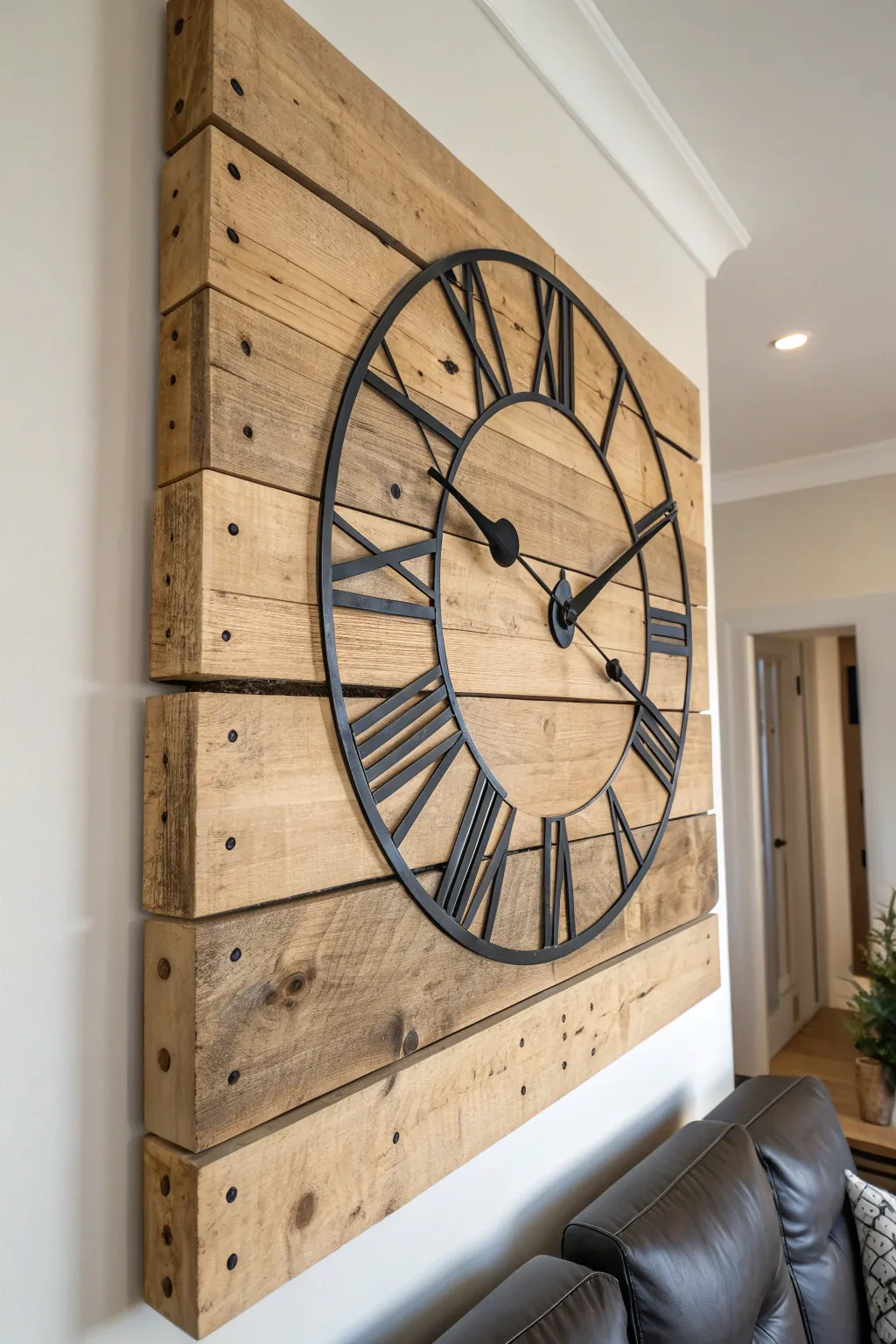 Transform your space with this striking pallet wall clock, where rustic meets modern elegance.