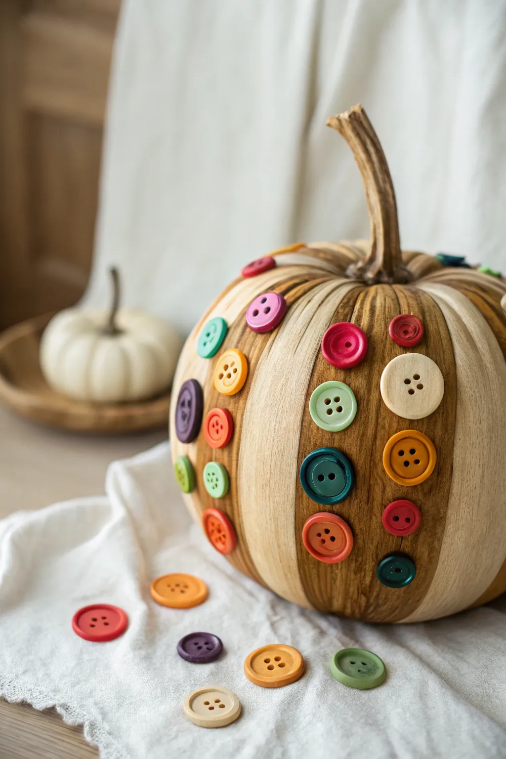 Add a splash of whimsy to your decor with this charming button-adorned wooden pumpkin.