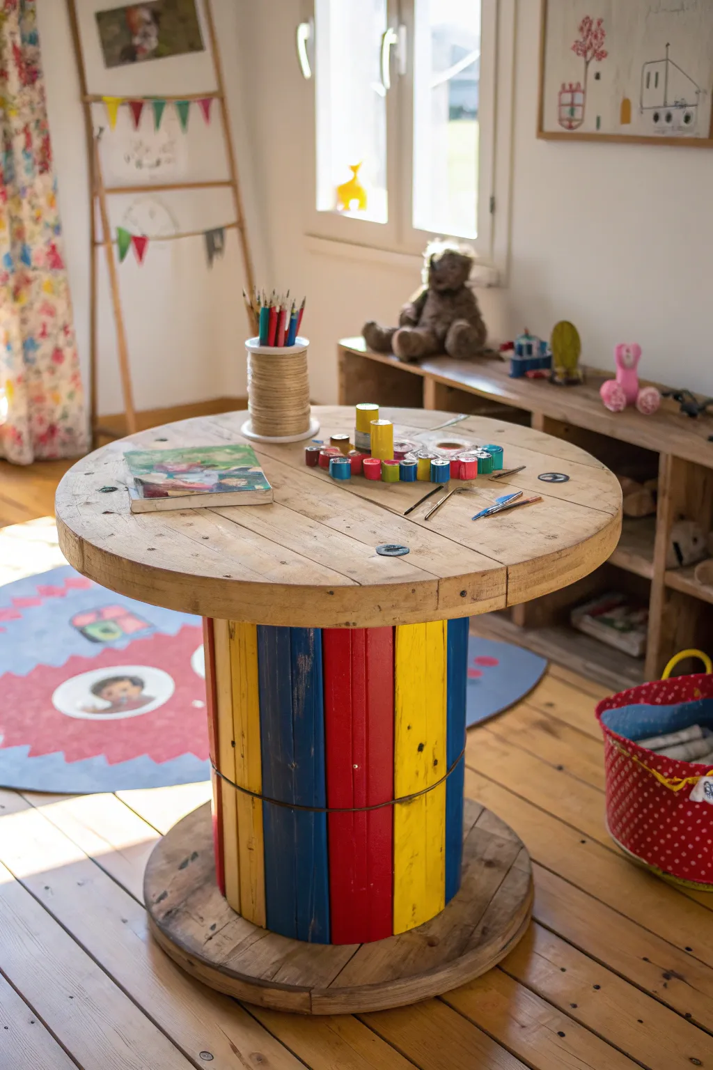 Unleash imagination with this colorful wooden spool play table, perfect for endless creative adventures!