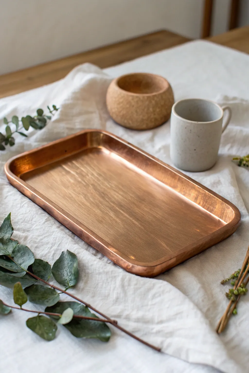 Transform your space with the chic elegance of a copper-finished wooden tray, a perfect blend of minimalist and boho style.