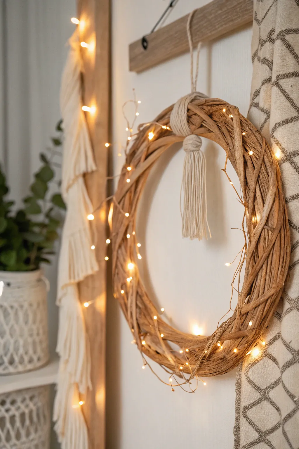 Illuminate your space with the enchanting glow of fairy lights wrapped around a handcrafted wooden wreath.