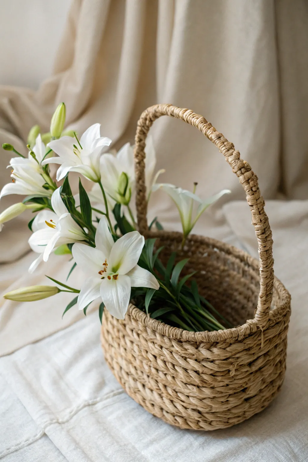 Embrace minimalist elegance with a single bloom in a handcrafted woven basket.