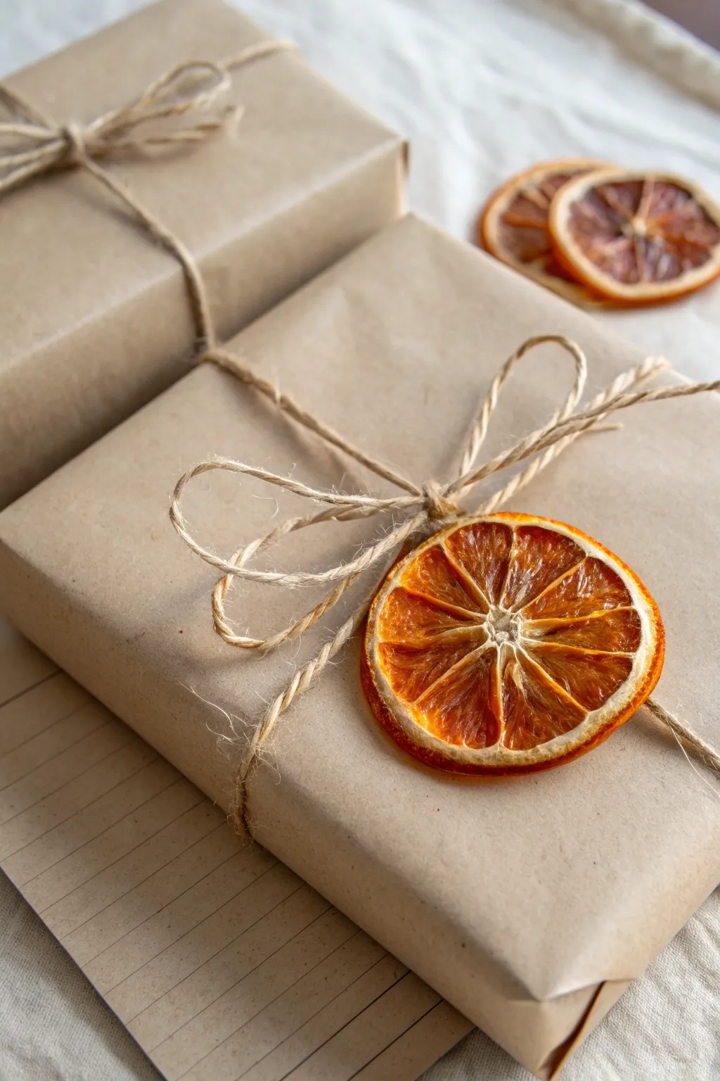Elevate your gift wrapping with a vibrant touch of dried citrus elegance.