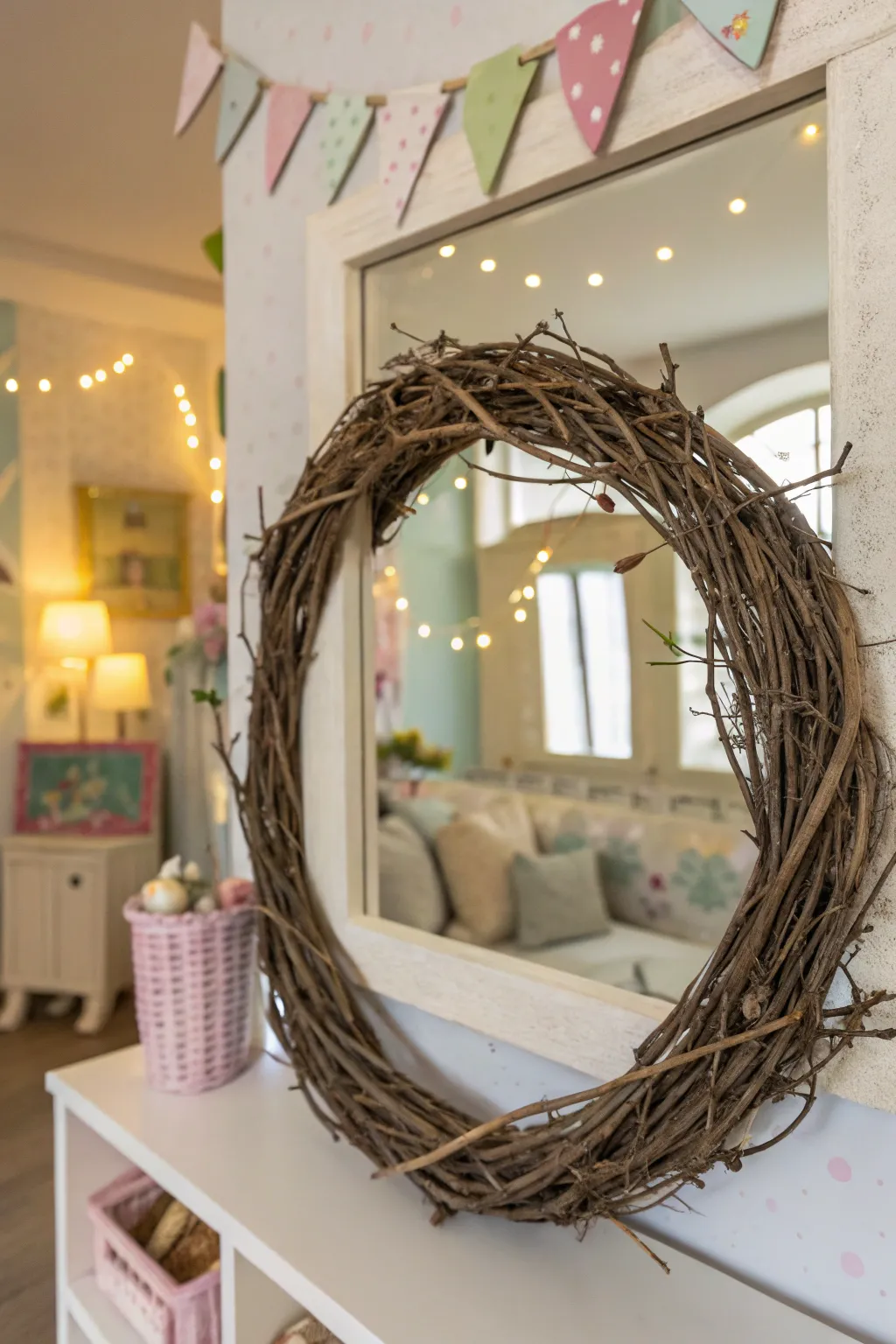 Twigs bring a whimsical touch to a mirror wreath.