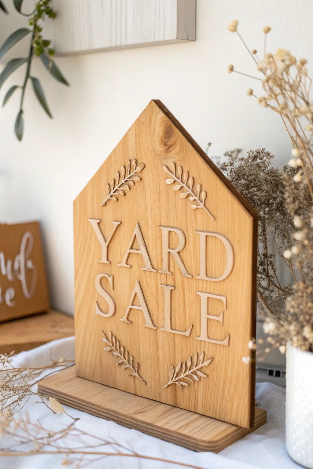Add a touch of whimsy to your yard sale with a charming house-shaped sign that stands out with minimalist elegance.
